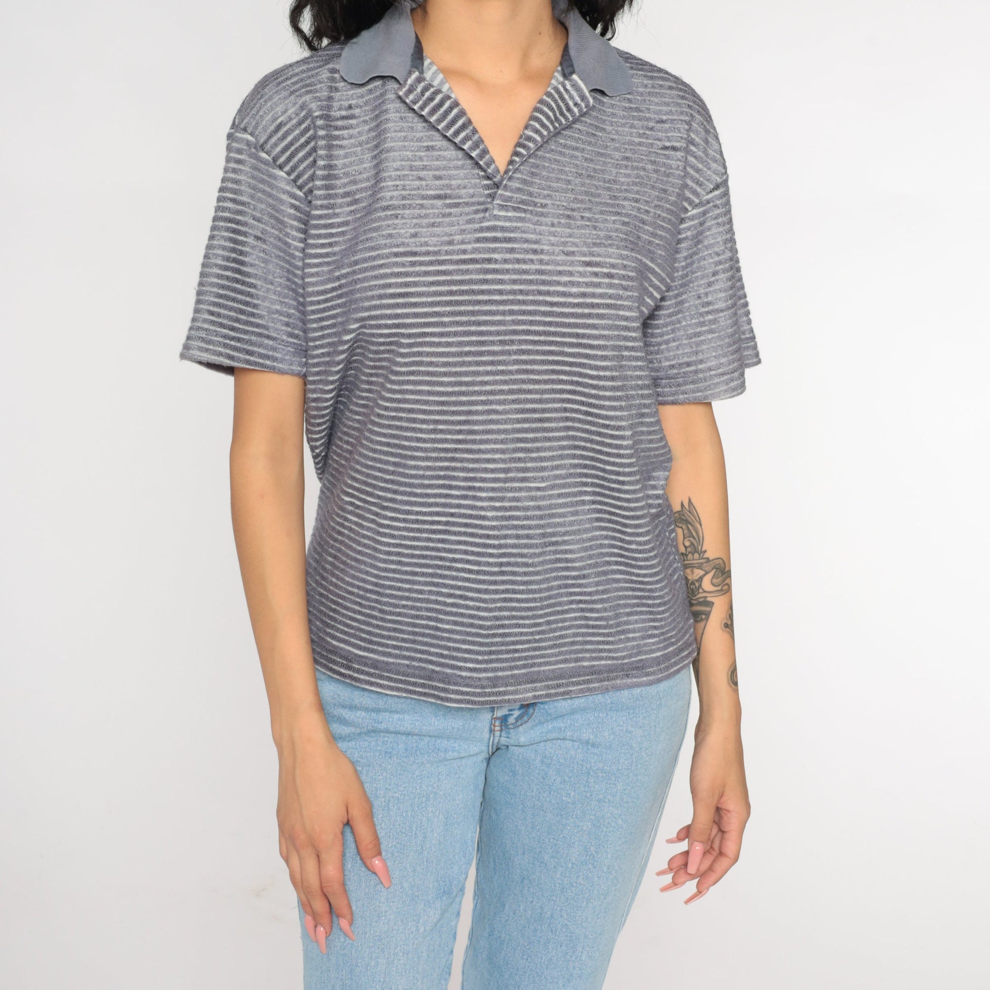 90s Grey Striped Terry Cloth Polo Shirt Half Button Collared Medium M