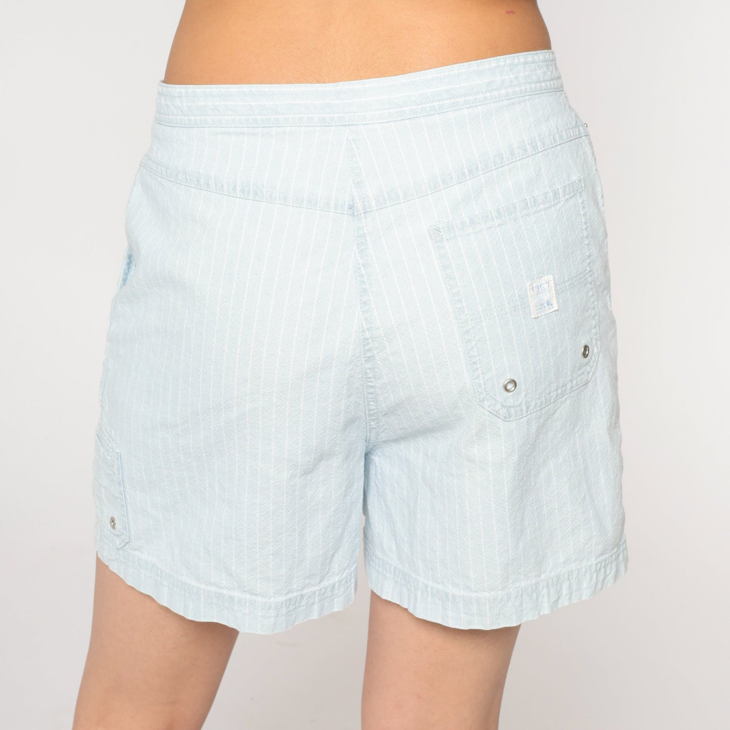 Y2K Ralph Lauren Striped Denim Shorts High Waist Blue White Medium