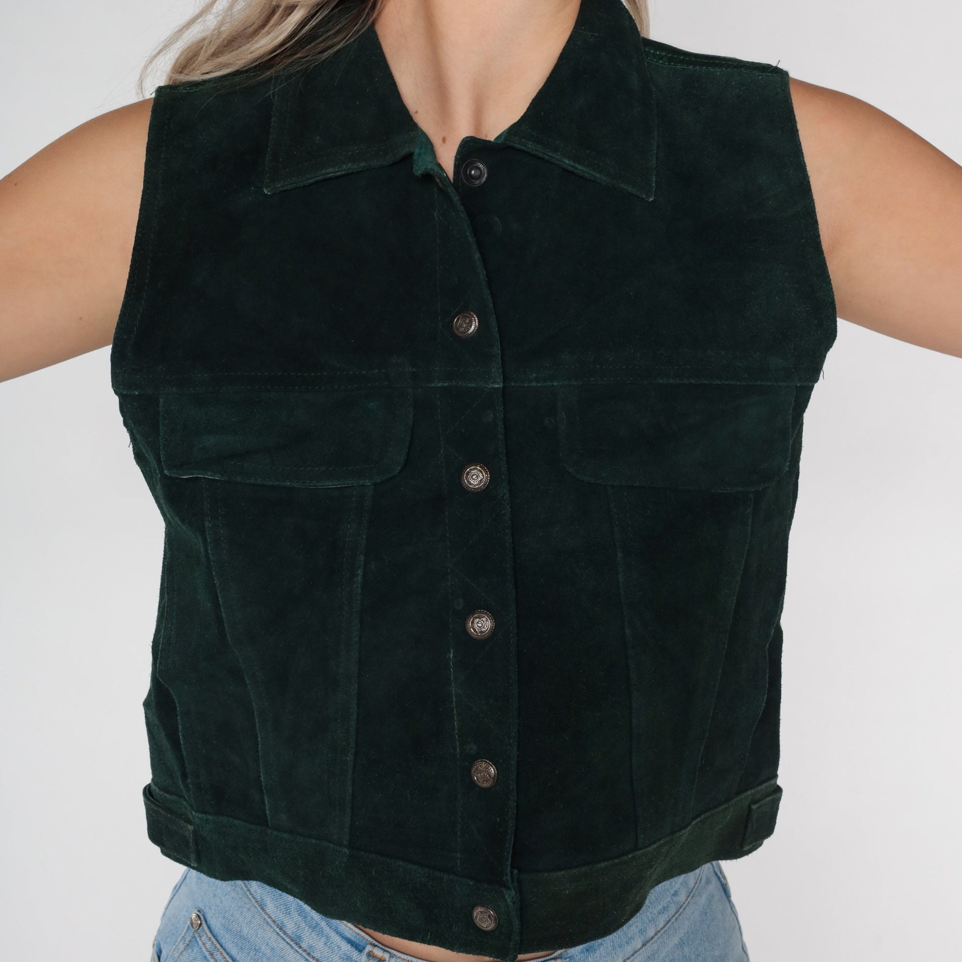 90s Dark Green Suede Leather Snap-Front Vest Small S