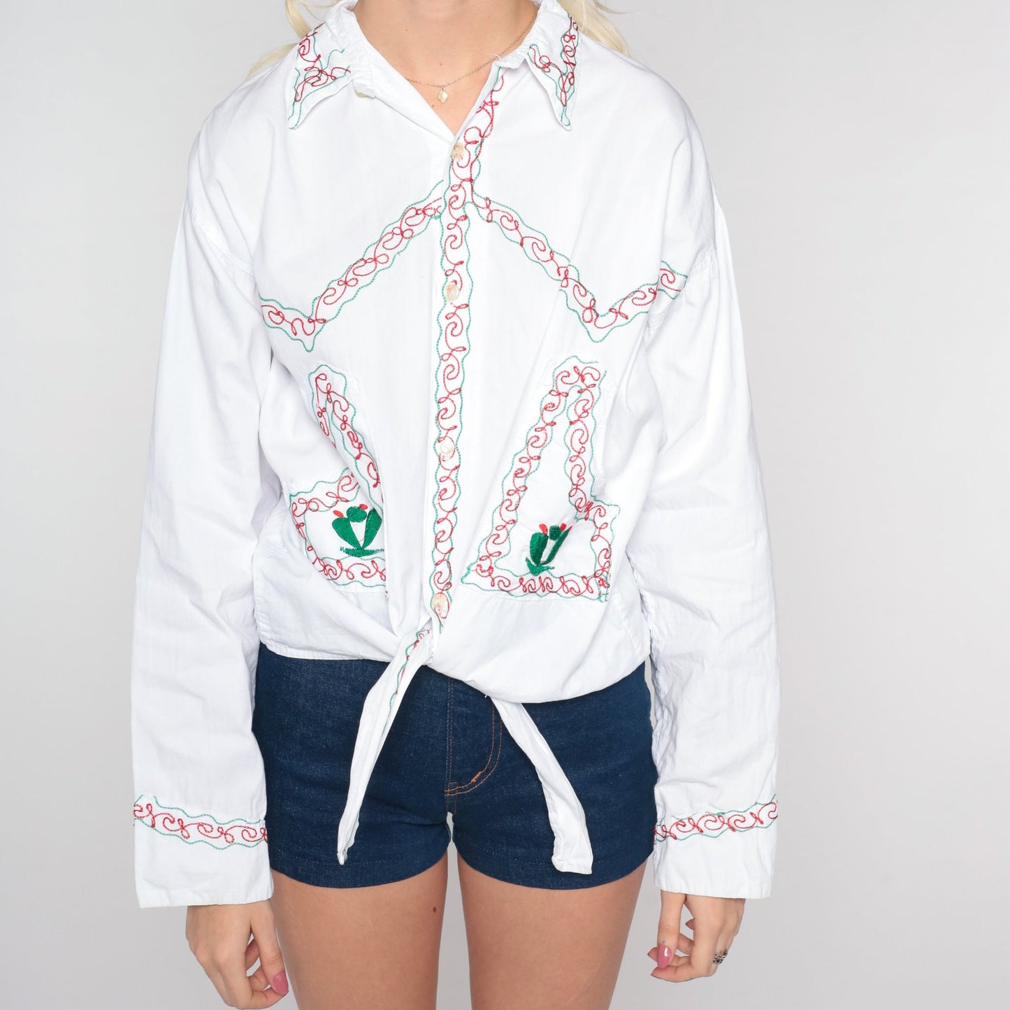 90s Embroidered Mexican Eagle Cactus Cotton Button Up White Medium