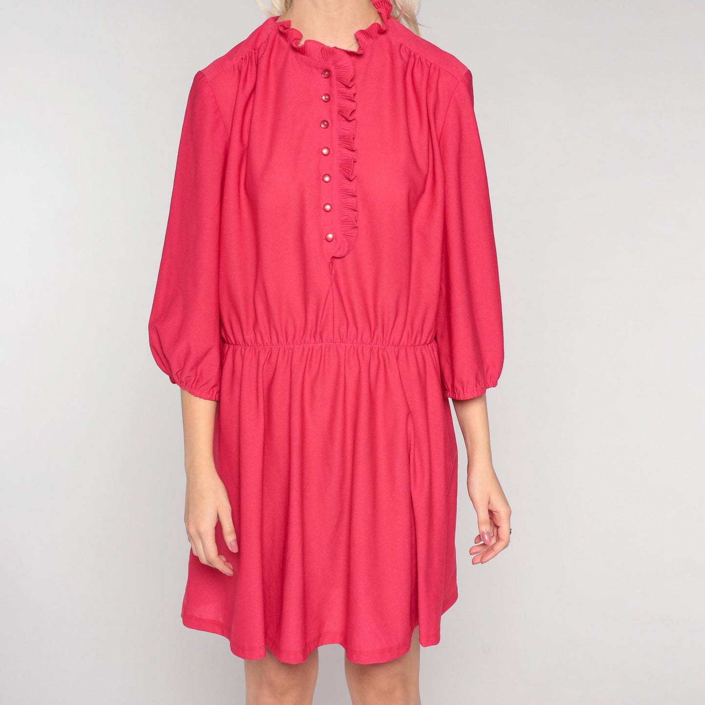 80s Bright Pink Shirtwaist Mini Dress Ruffle Collar Button-Up 3/4 Sleeve Large