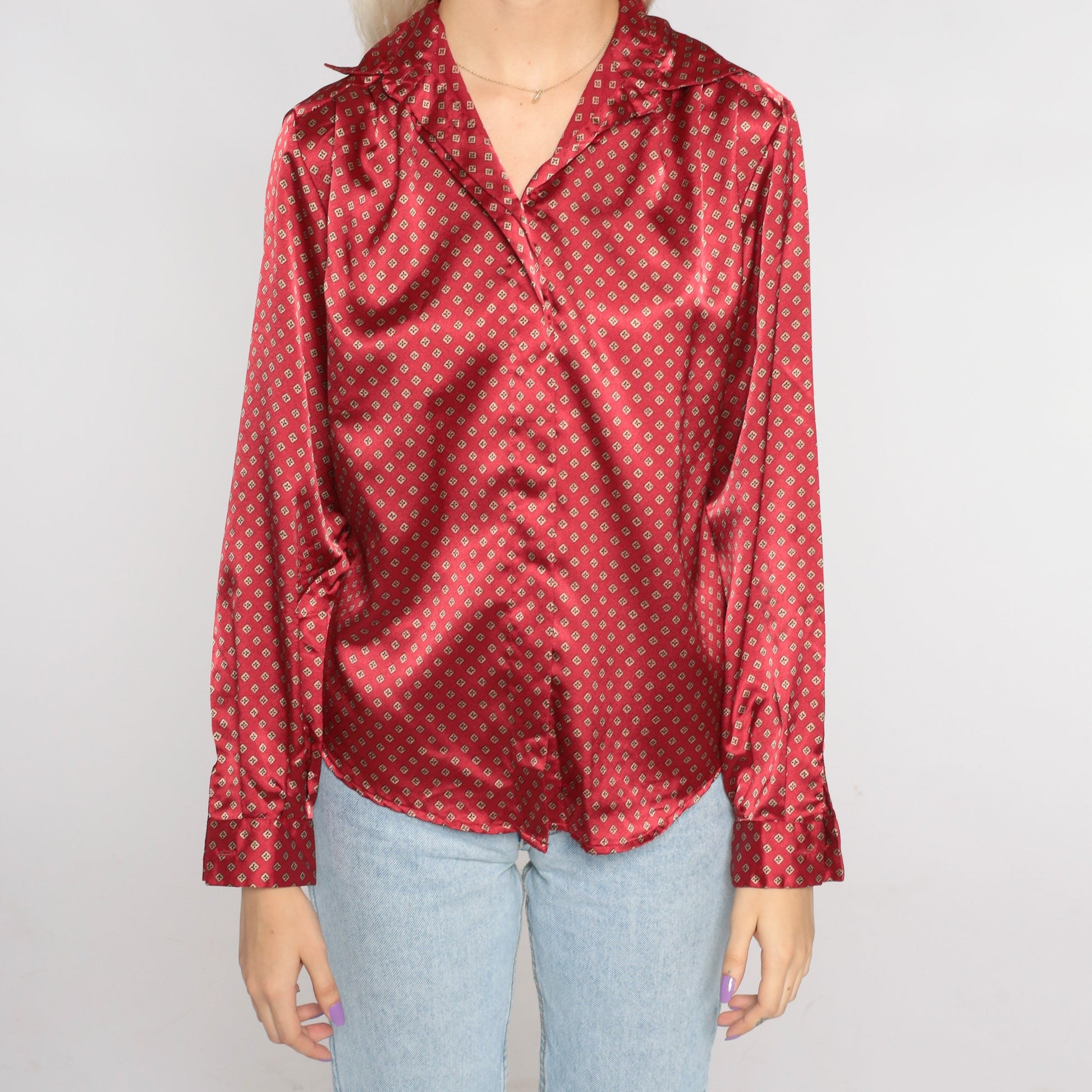 90s Red Satin Geometric Button-Up Blouse Long Sleeve Small