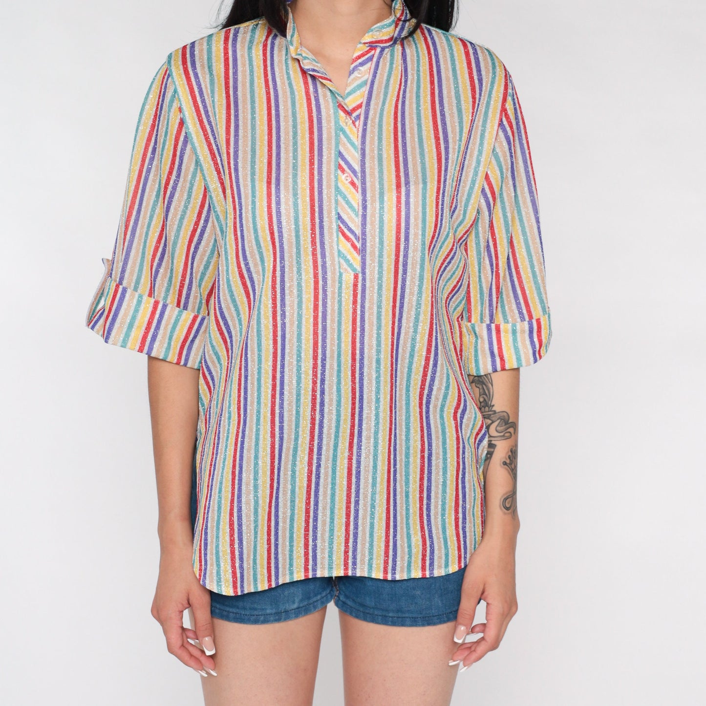 70s Metallic Rainbow Striped Button-Up Blouse 3/4 Sleeve Medium