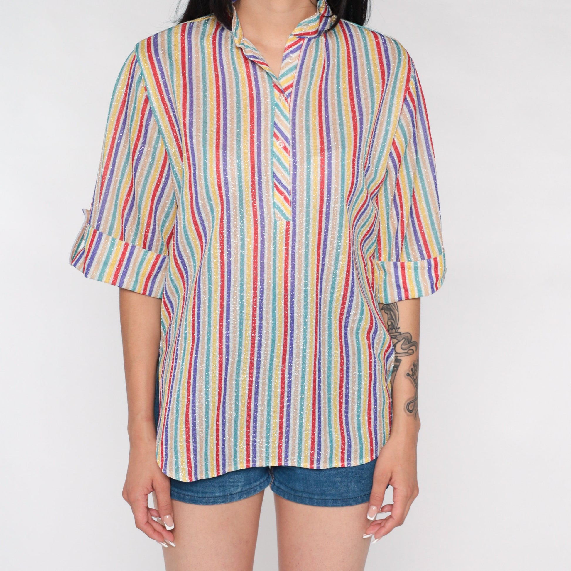 70s Metallic Rainbow Striped Button-Up Blouse 3/4 Sleeve Medium