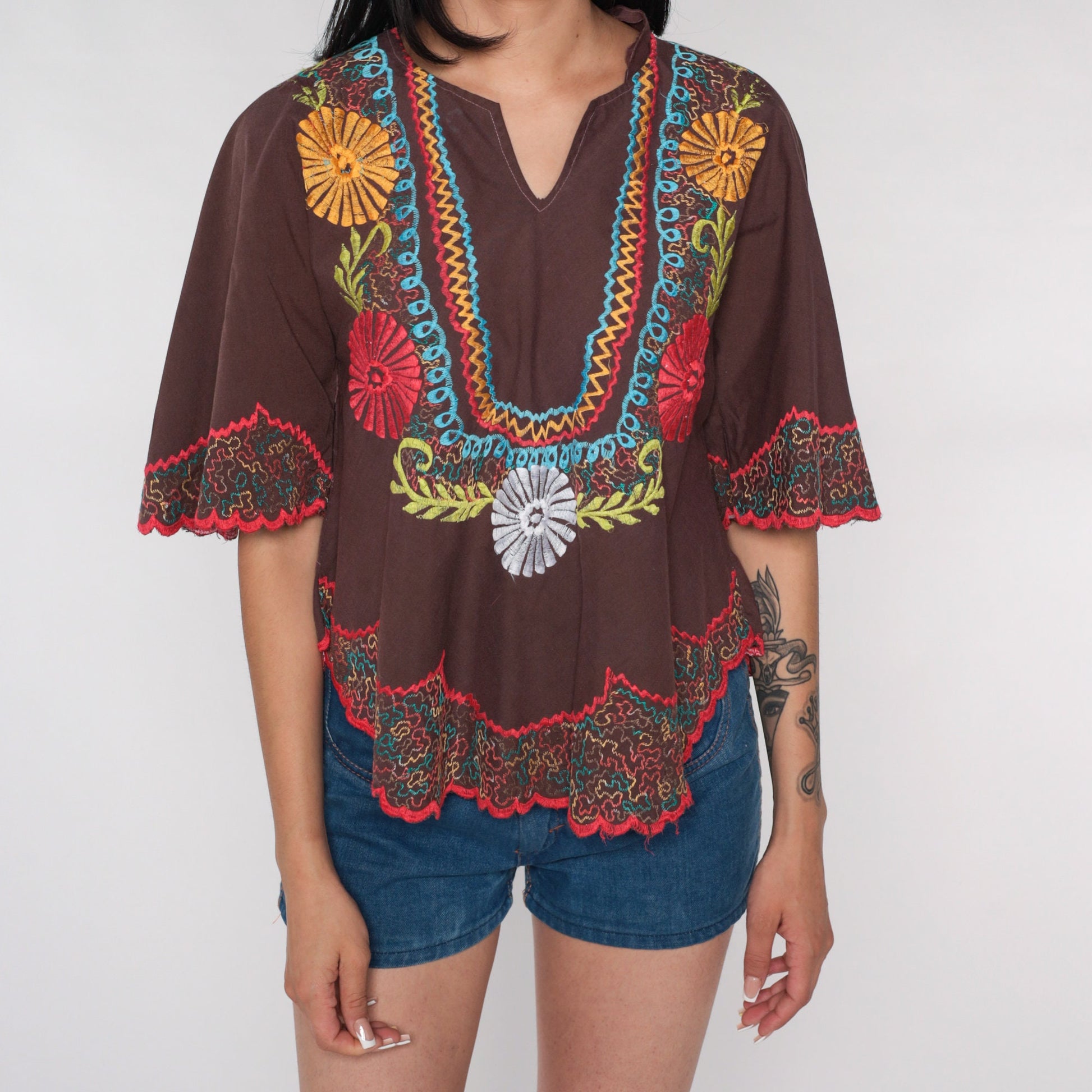 00s Embroidered Floral Bell Sleeve Tunic White Cotton Small