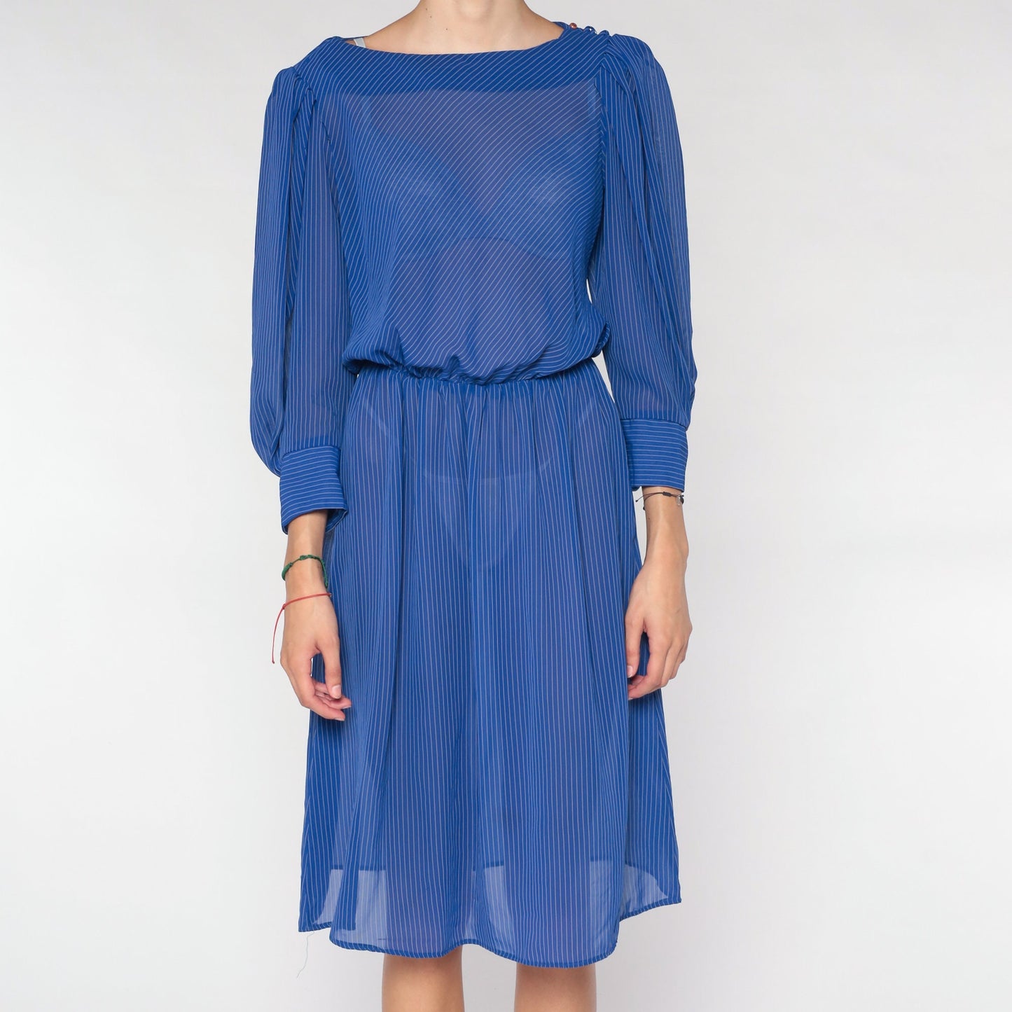70s Striped Midi Dress Blue Sheer Puff Sleeve High Waist Small Medium
