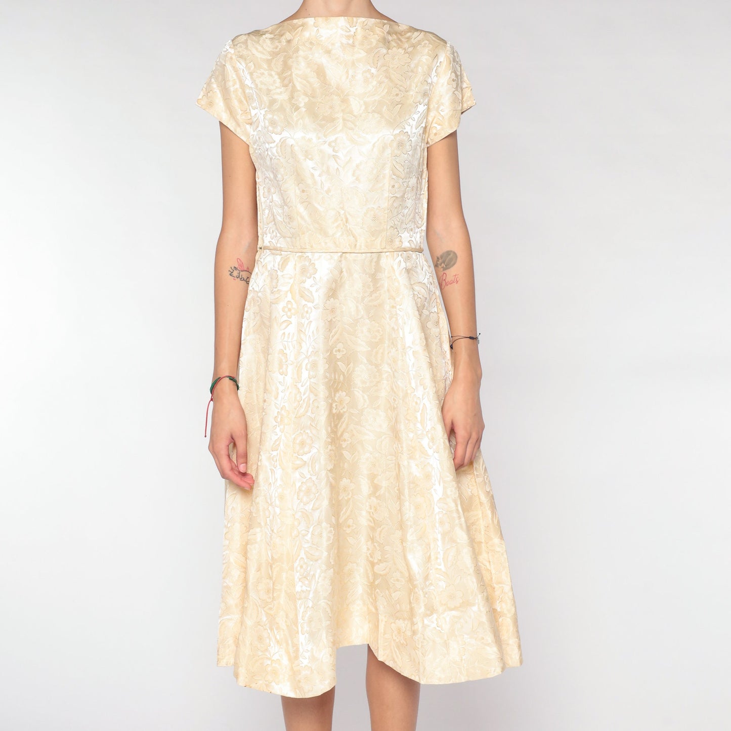1960s Cream Brocade Floral Midi Dress Cap Sleeve High Waist Small S
