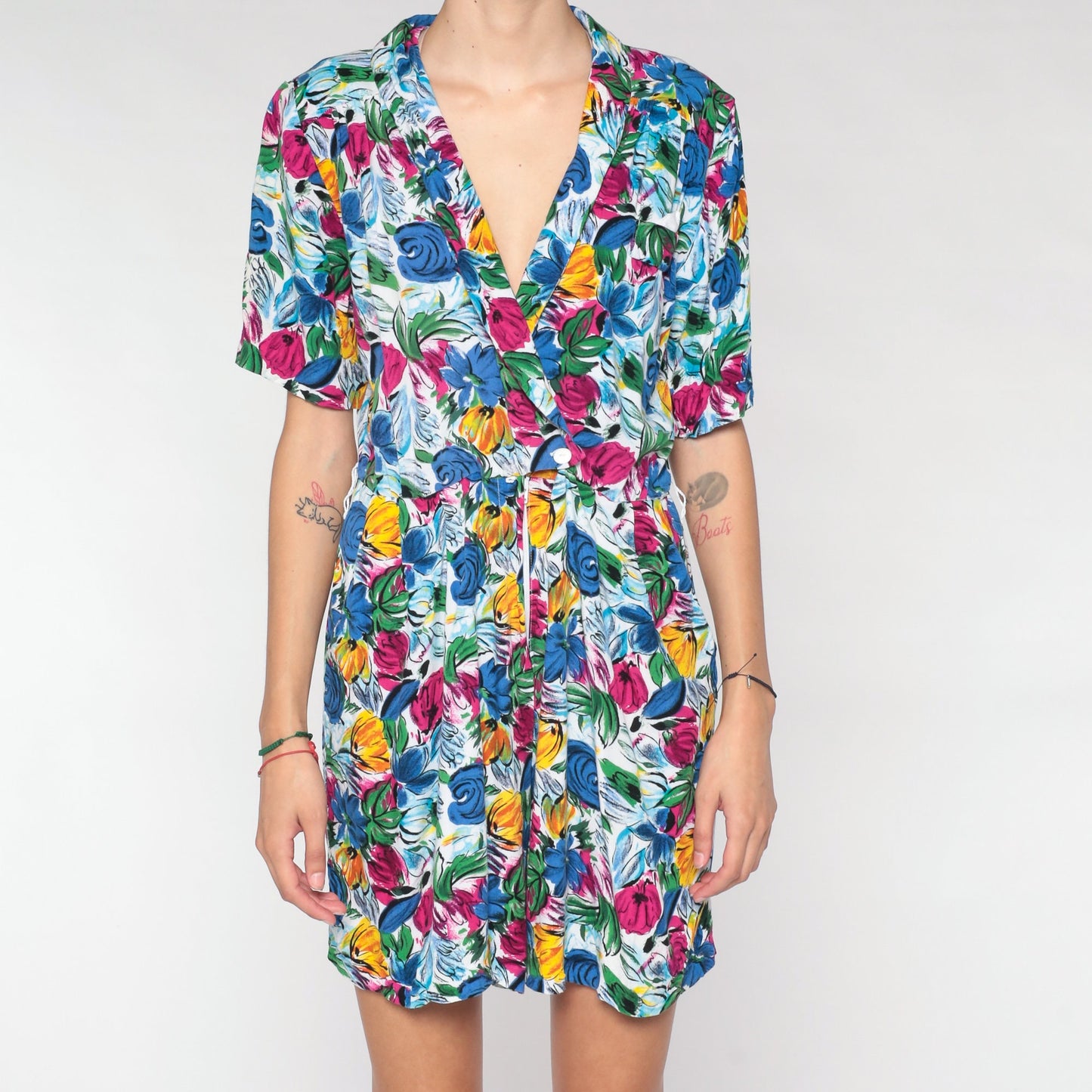 90s Blue Floral Rayon Romper Mini Playsuit V Neck Button Up Medium M