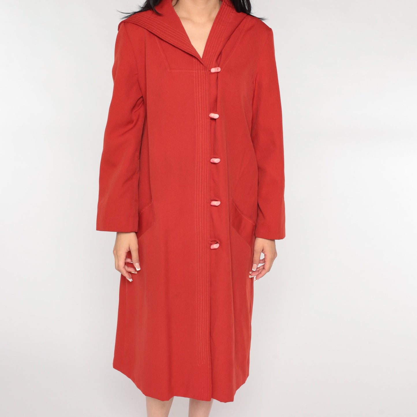 70s Rust Red Hooded Jacket Toggle Button Long Coat Medium