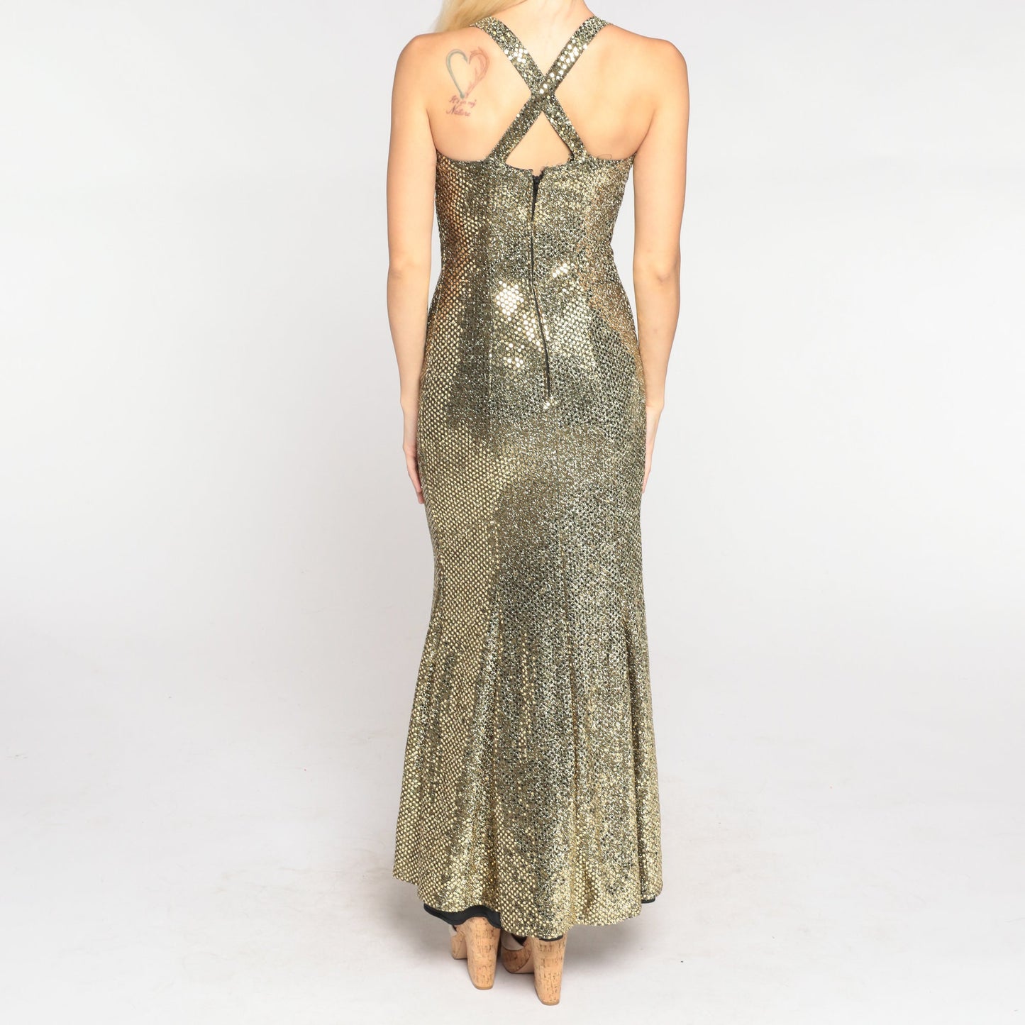 80s Gold Sequin Maxi Dress Zum Zum Fishtail Criss-Cross Back Small