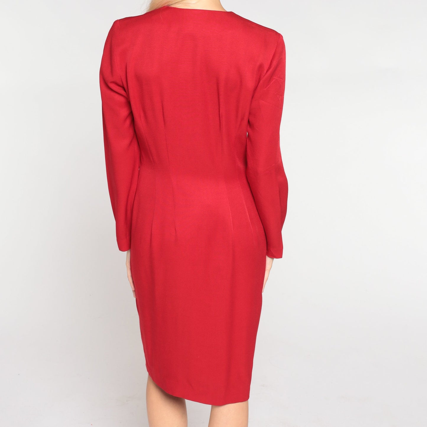 80s Red Button-Up Mini Dress Long Sleeve Pencil Cut Small S
