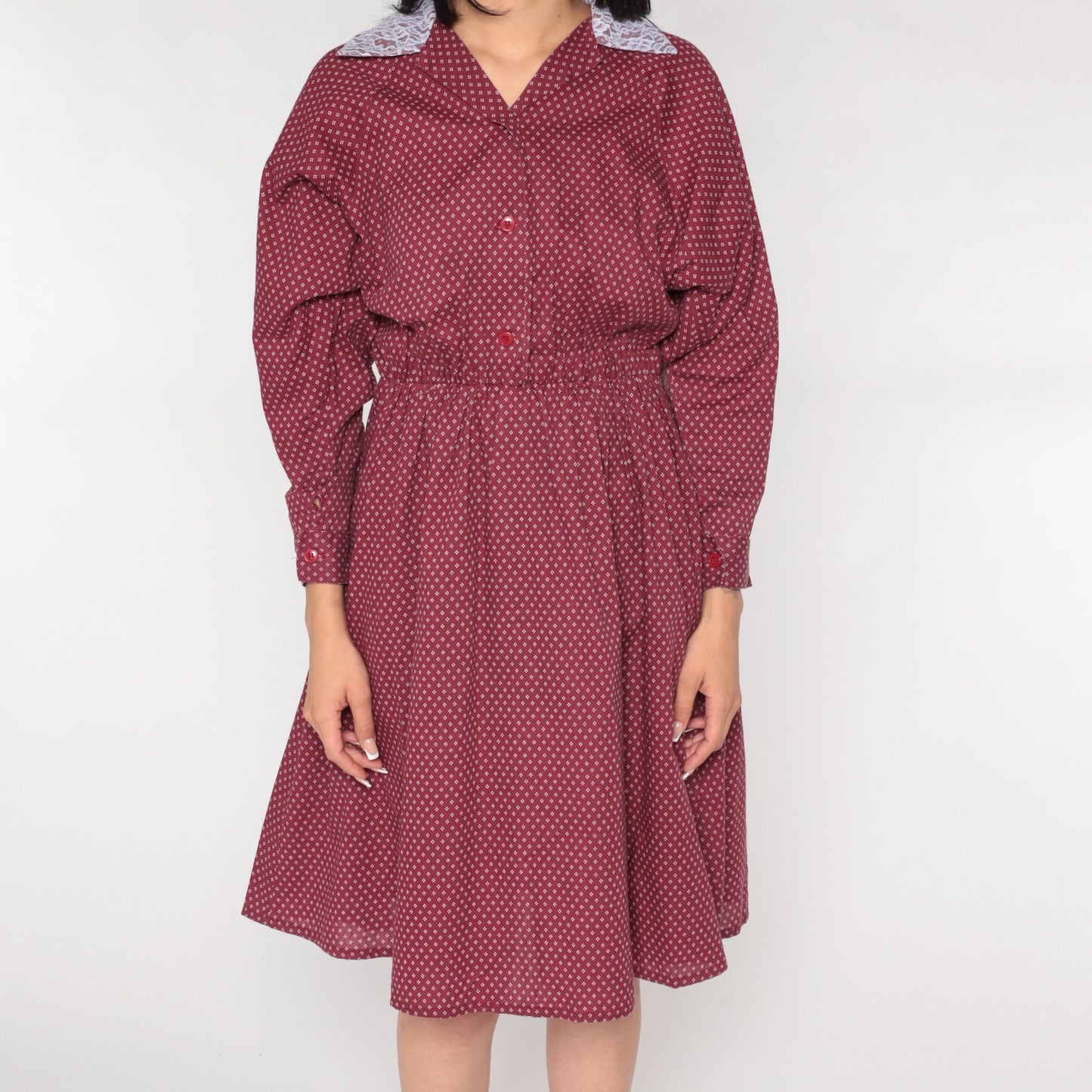 80s Burgundy Midi Shirtdress Lace Collar Geometric Button-Up Small Medium