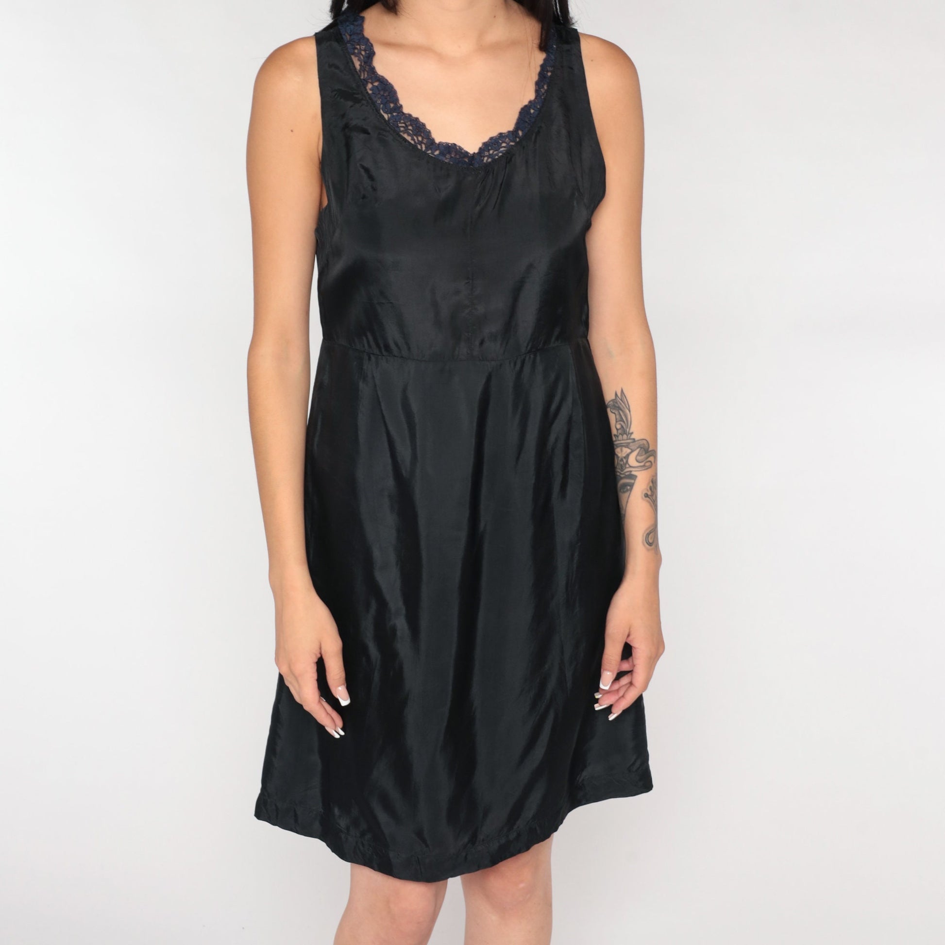 60s Black Slip Dress Blue Lace Trim Mini Nylon Nightgown Small S