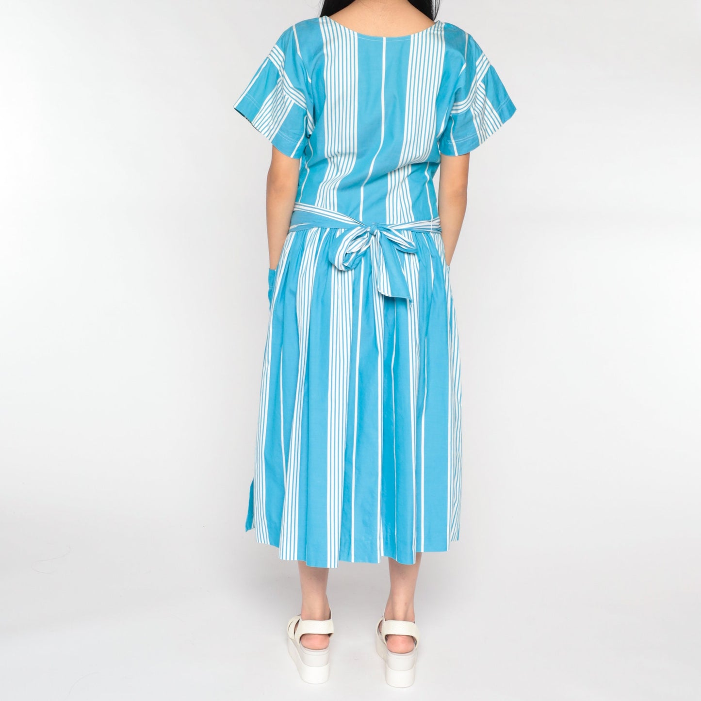 80s Nicole Miller Striped Midi Dress Drop Waist Blue White Cotton Medium 8