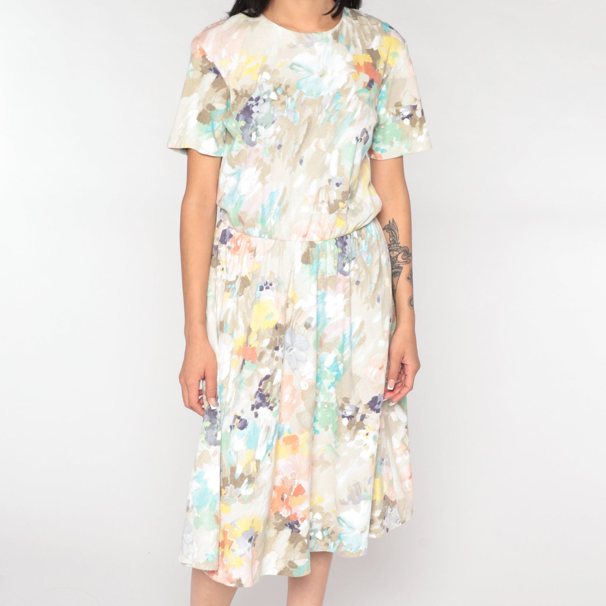 80s Watercolour Floral Midi Dress High Waist Short Sleeve Brown White Medium