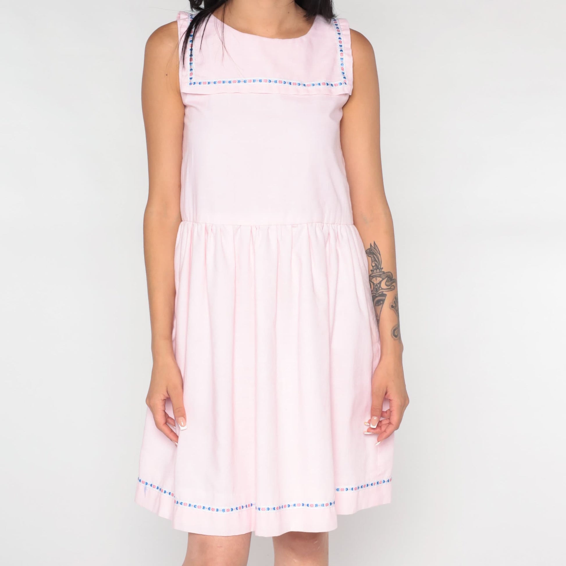 60s Sailor Collar Mini Dress Baby Pink High Waist Cotton Blend Extra Small