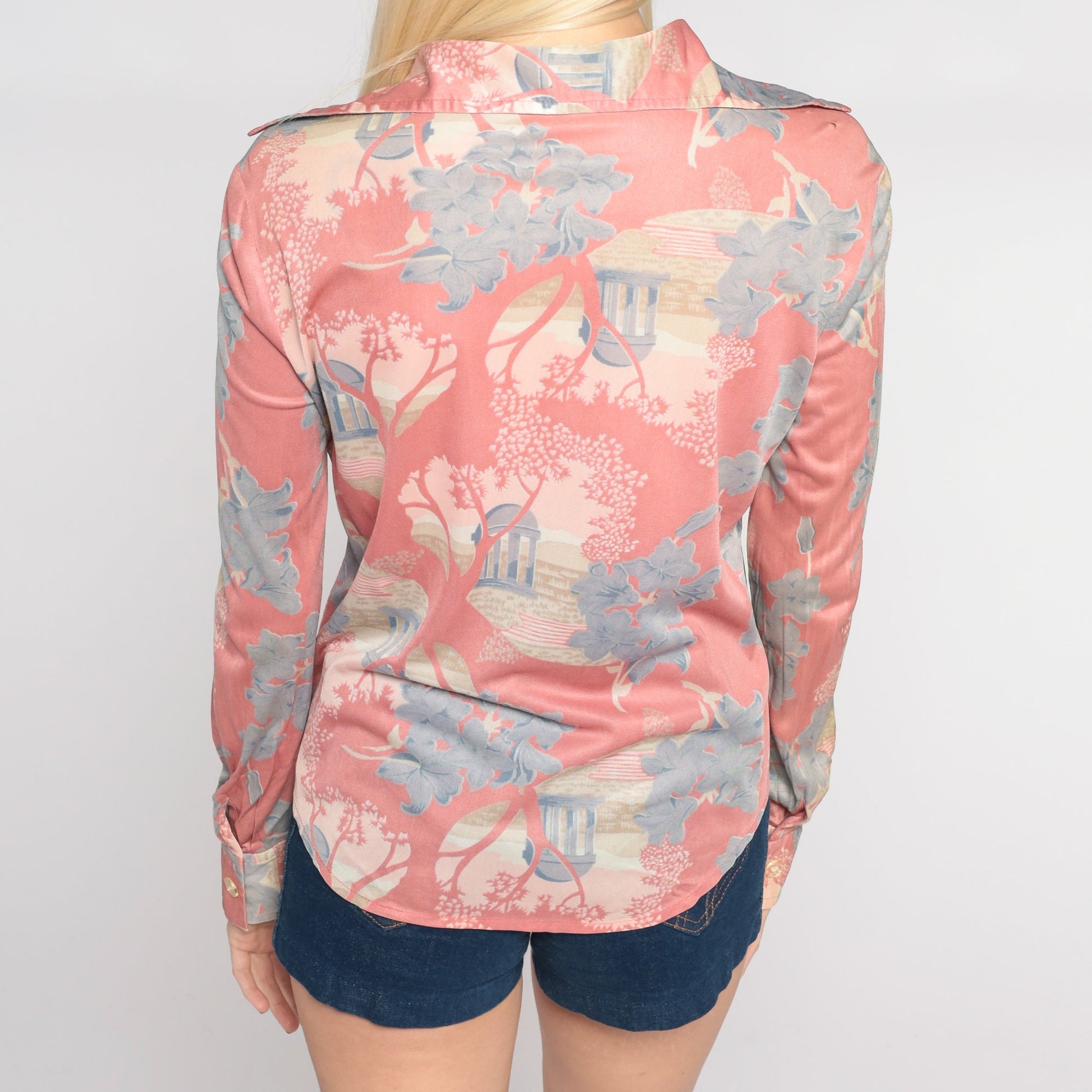 70s Pink Floral Nylon Blouse Dagger Collar Architecture Print Button Up Small