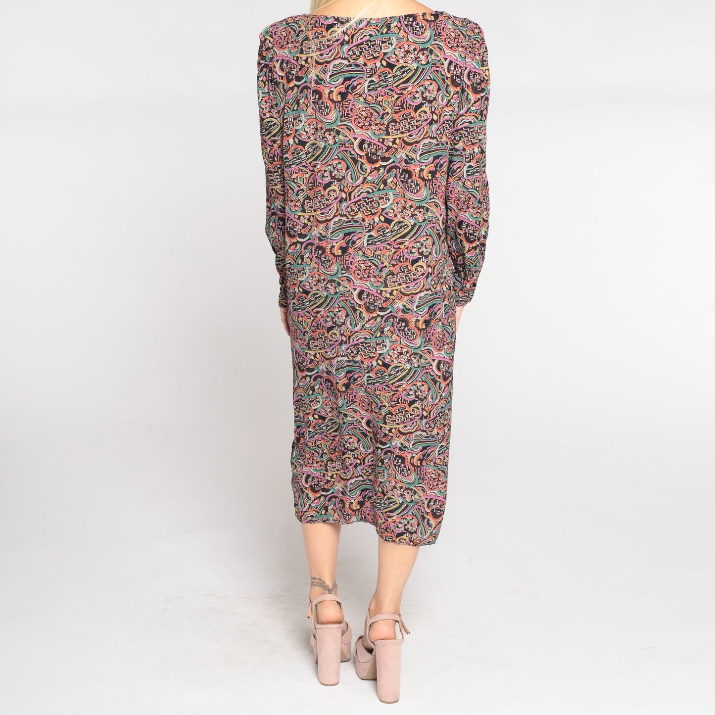 80s Abstract Cloud Print Midi Dress Black Puff Sleeve Shift Medium M