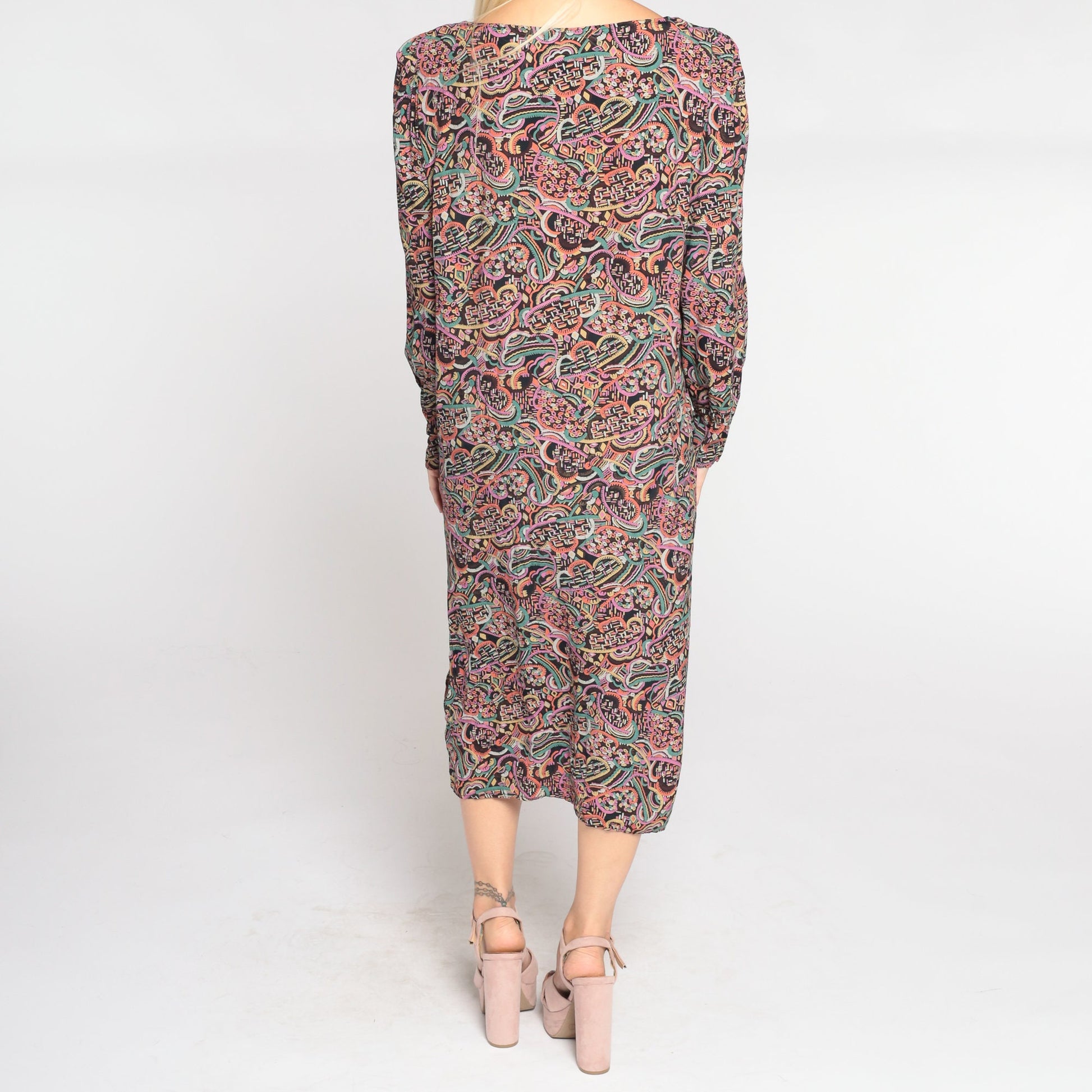 80s Abstract Cloud Print Midi Dress Black Puff Sleeve Shift Medium M