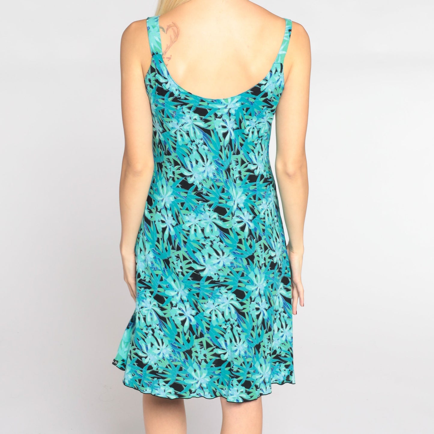 Y2K Tropical Floral Mini Dress Blue Orchid Leaf Print Sleeveless Small S