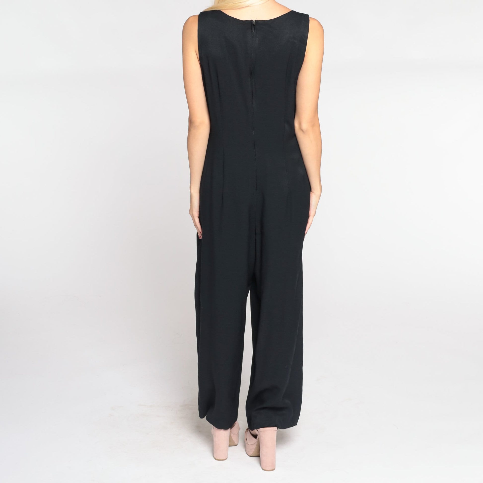 90s Black Jumpsuit Sleeveless Scoop Neck Wide Leg Pantsuit Medium