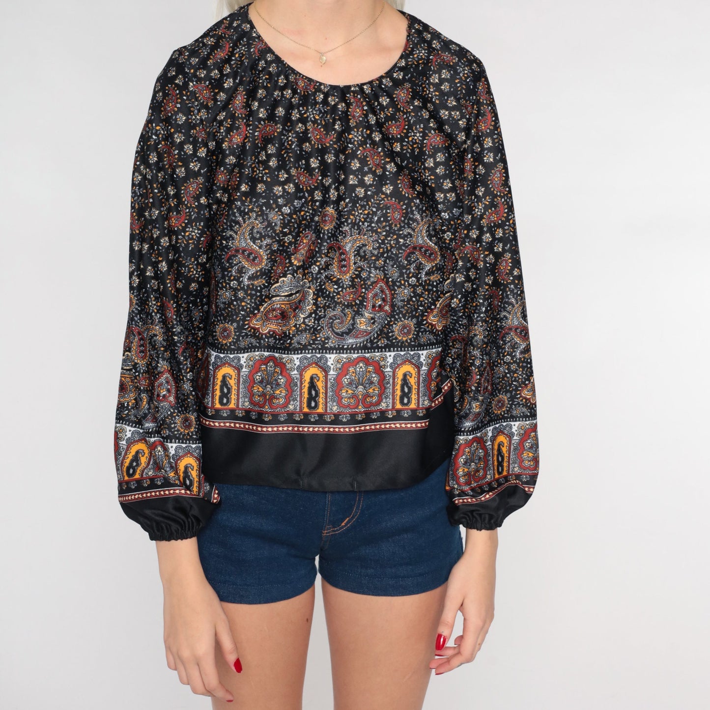 70s Paisley Floral Peasant Blouse Black Balloon Sleeve Zip Back Small