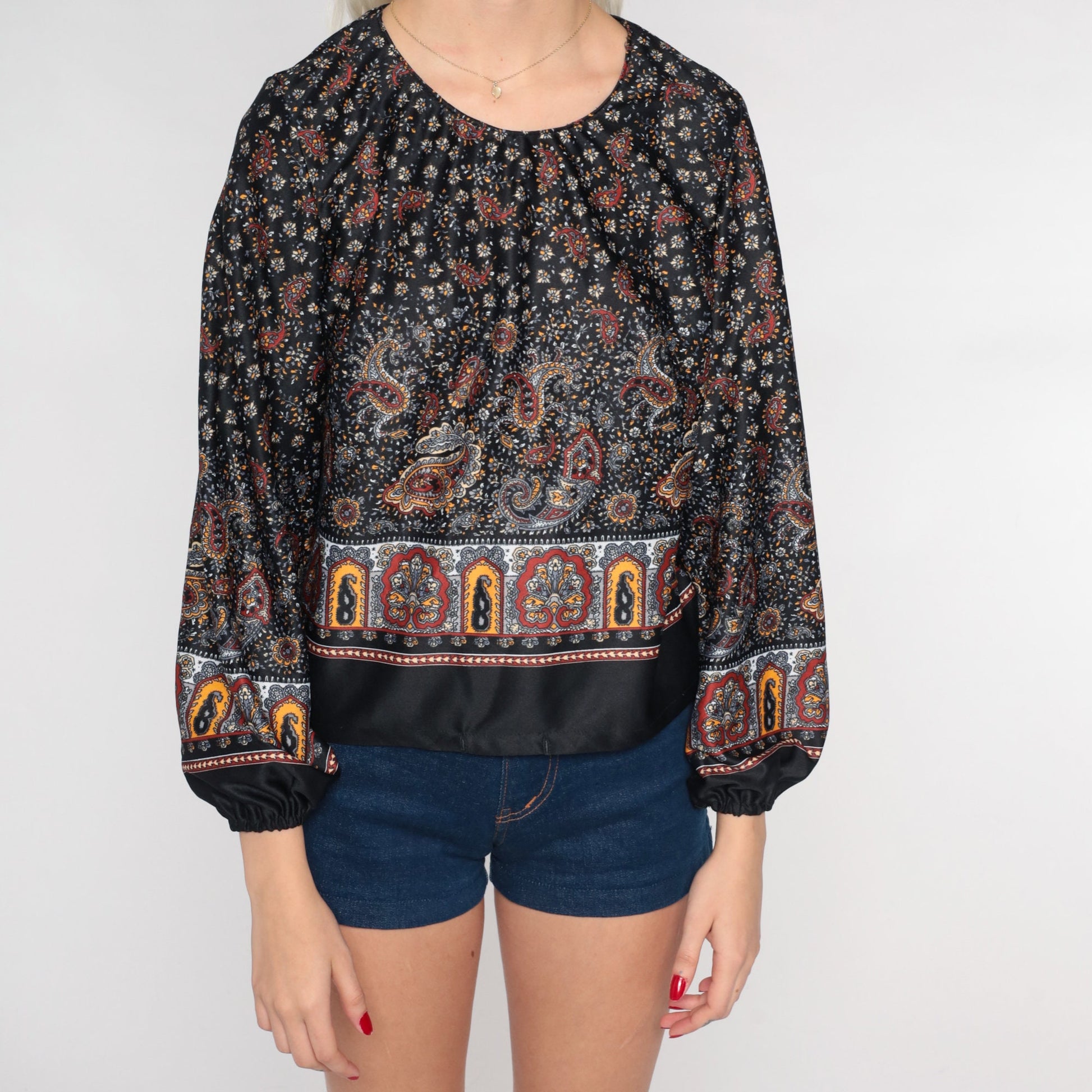 70s Paisley Floral Peasant Blouse Black Balloon Sleeve Zip Back Small