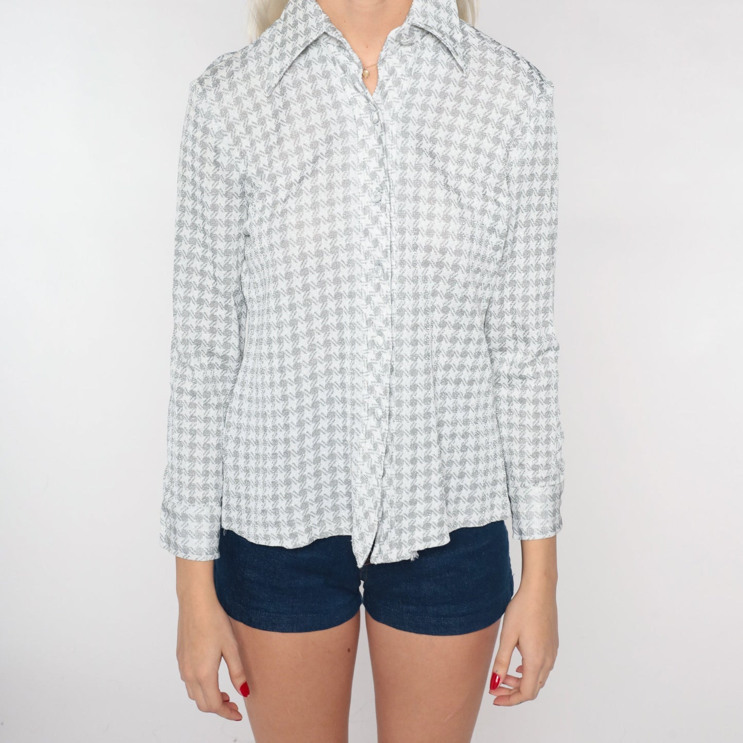 70s Silver Checkered Metallic Button-Up Blouse Pointed Collar Long Sleeve Small