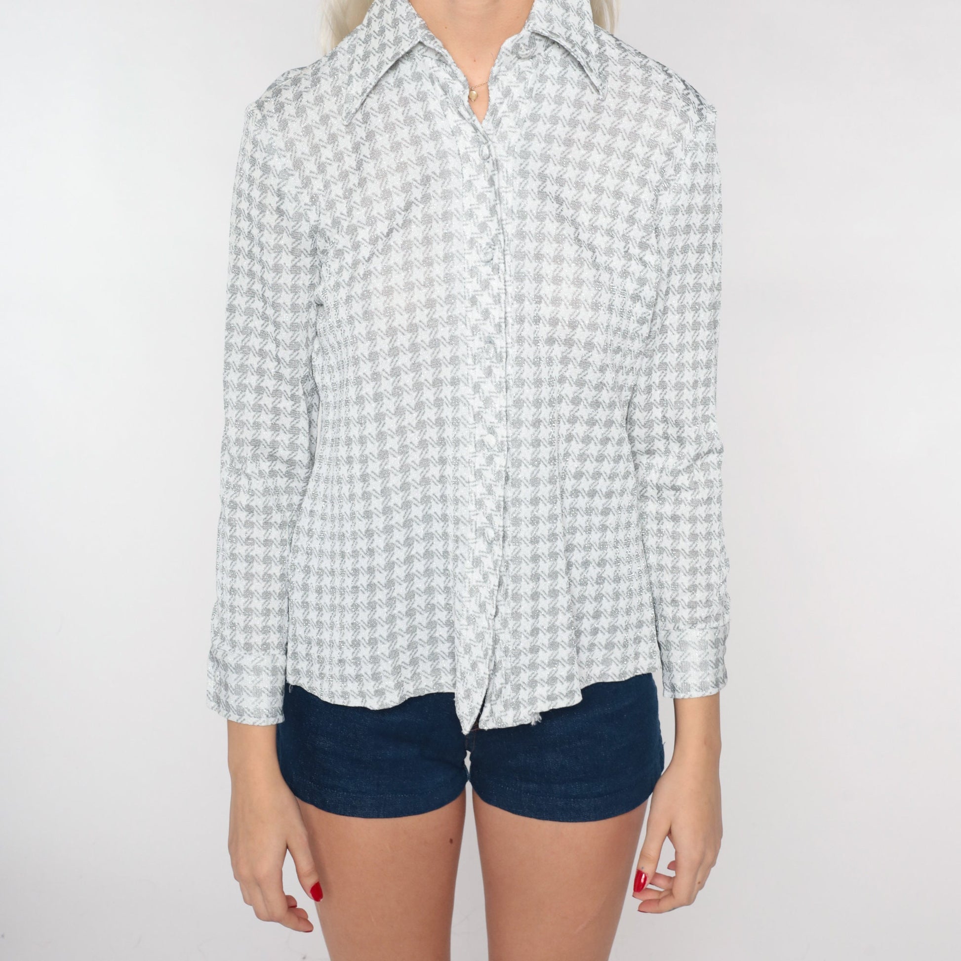 70s Silver Checkered Metallic Button-Up Blouse Pointed Collar Long Sleeve Small