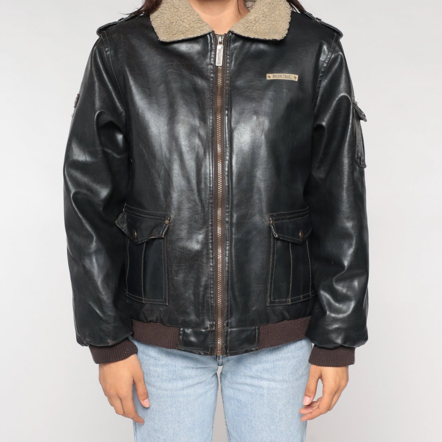 Y2K Pacific Trail Faux Leather Sherpa Aviator Jacket Dark Brown Small