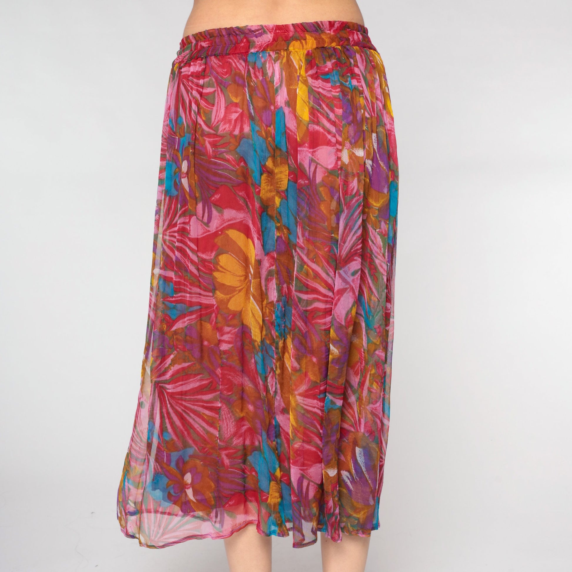 90s Red Floral Broomstick Midi Skirt Drawstring Waist Medium M
