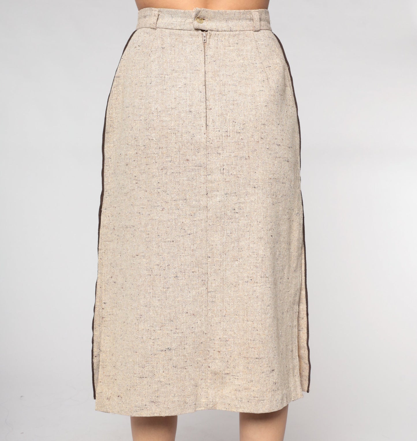 70s Tan Pencil Midi Skirt High Waist Side Slit Woven Extra Small