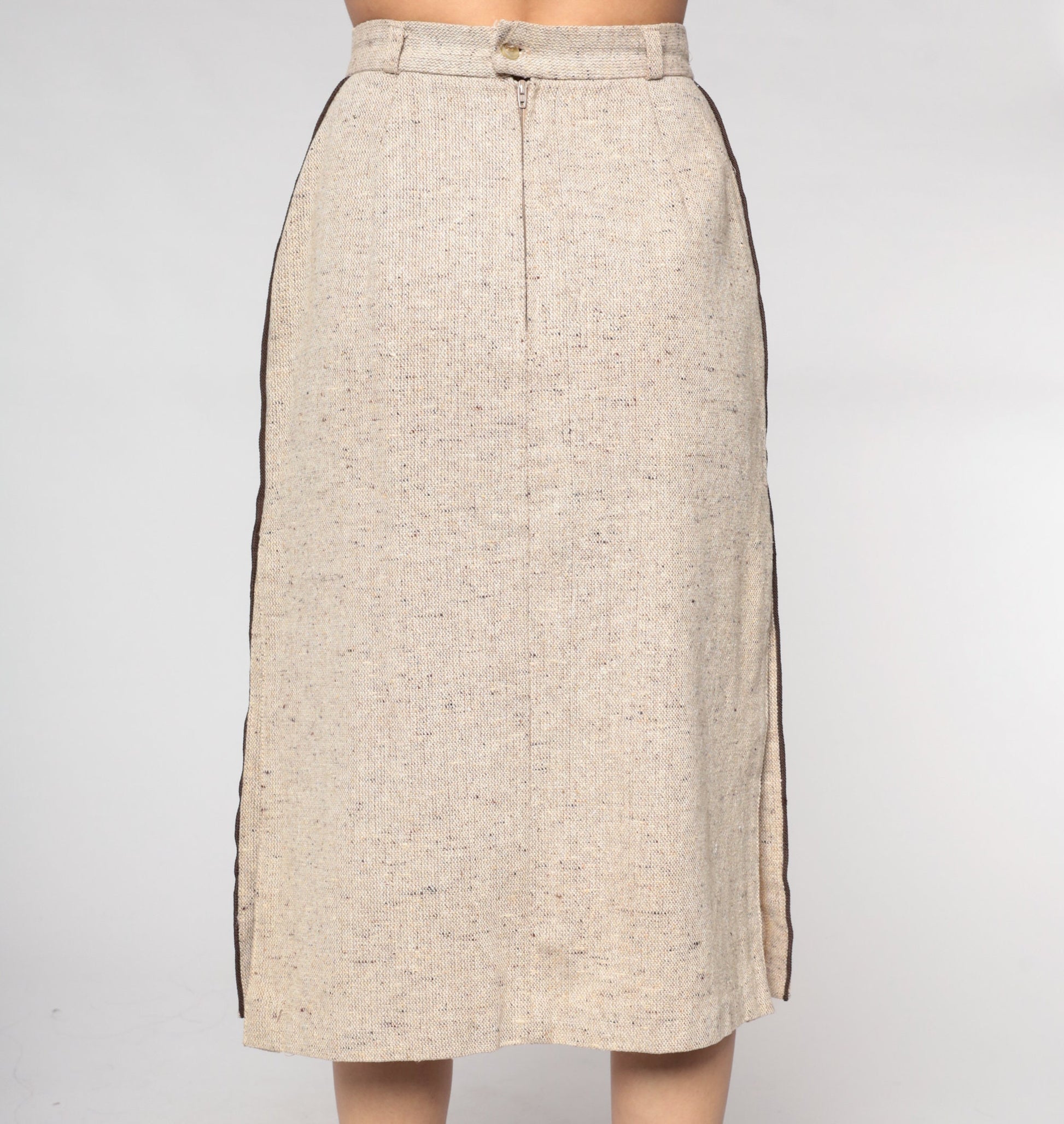 70s Tan Pencil Midi Skirt High Waist Side Slit Woven Extra Small
