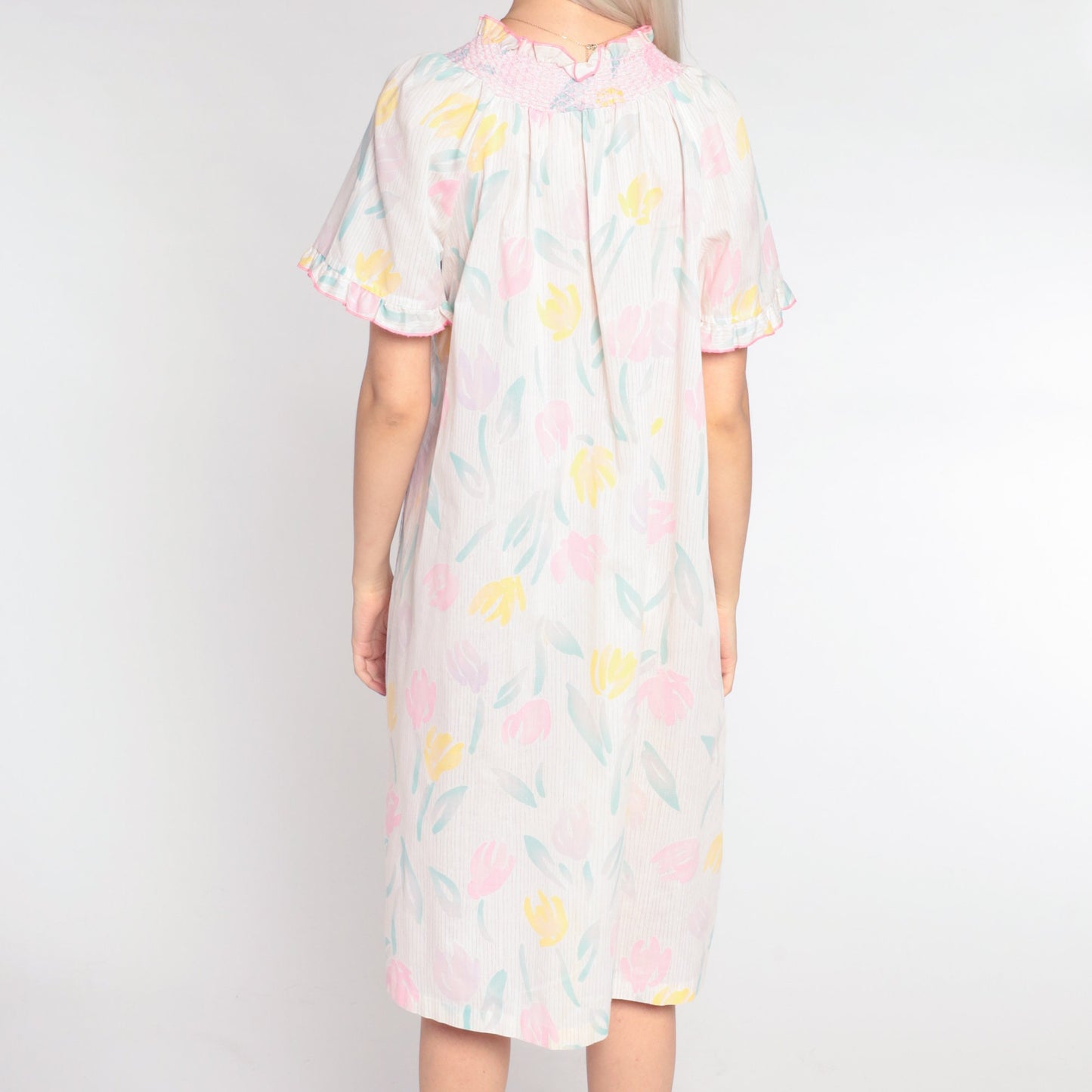 80s Floral Smocked Nightgown White Button-Up Lounge Dress Medium
