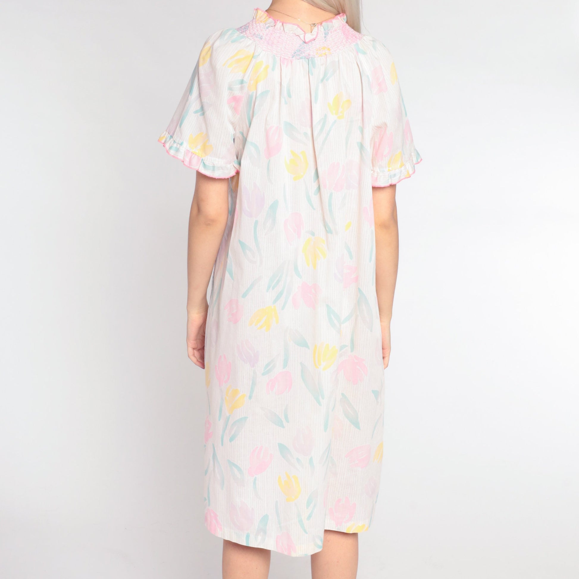 80s Floral Smocked Nightgown White Button-Up Lounge Dress Medium
