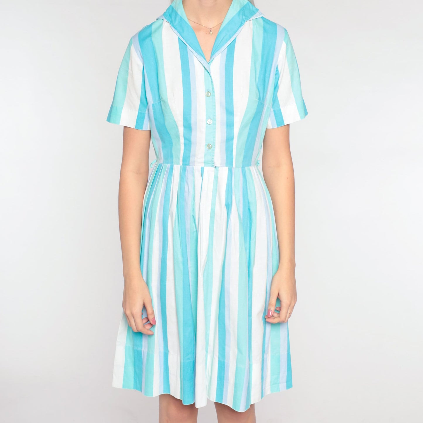 60s Blue White Striped Shirtdress Pleated Midi High Waist Button Up Extra Small