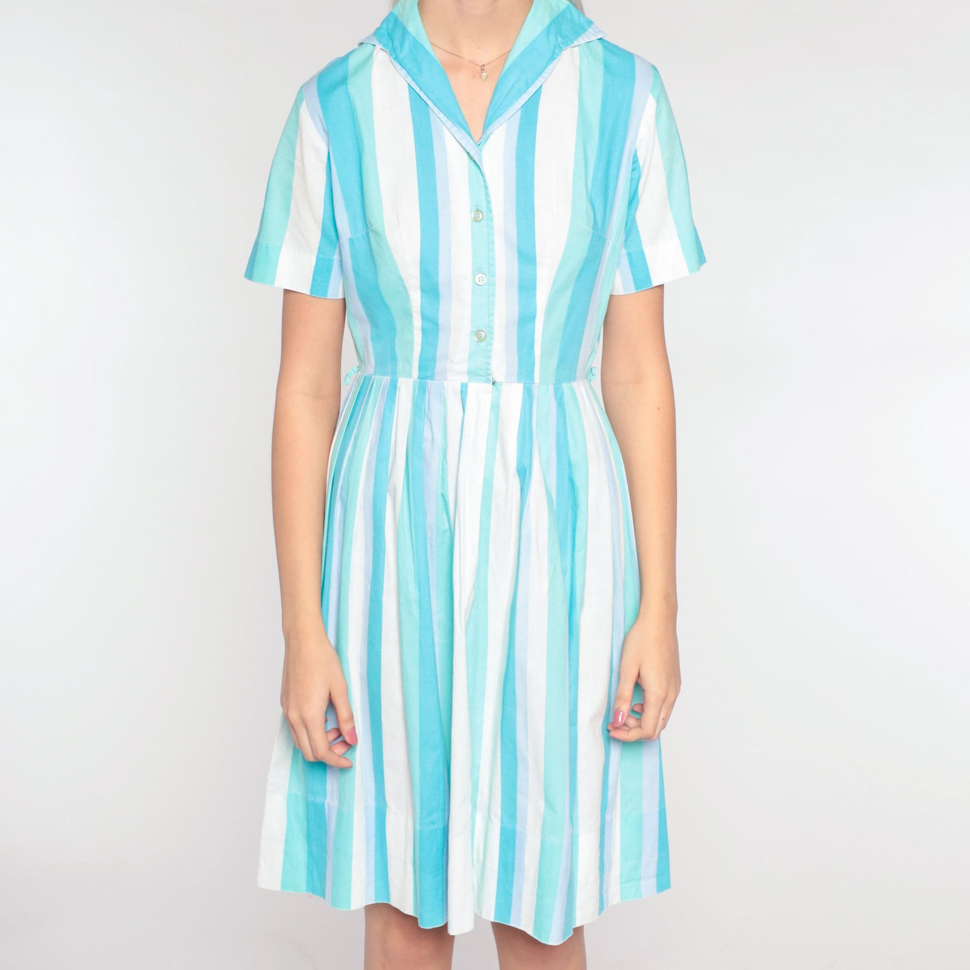 60s Blue White Striped Shirtdress Pleated Midi High Waist Button Up Extra Small