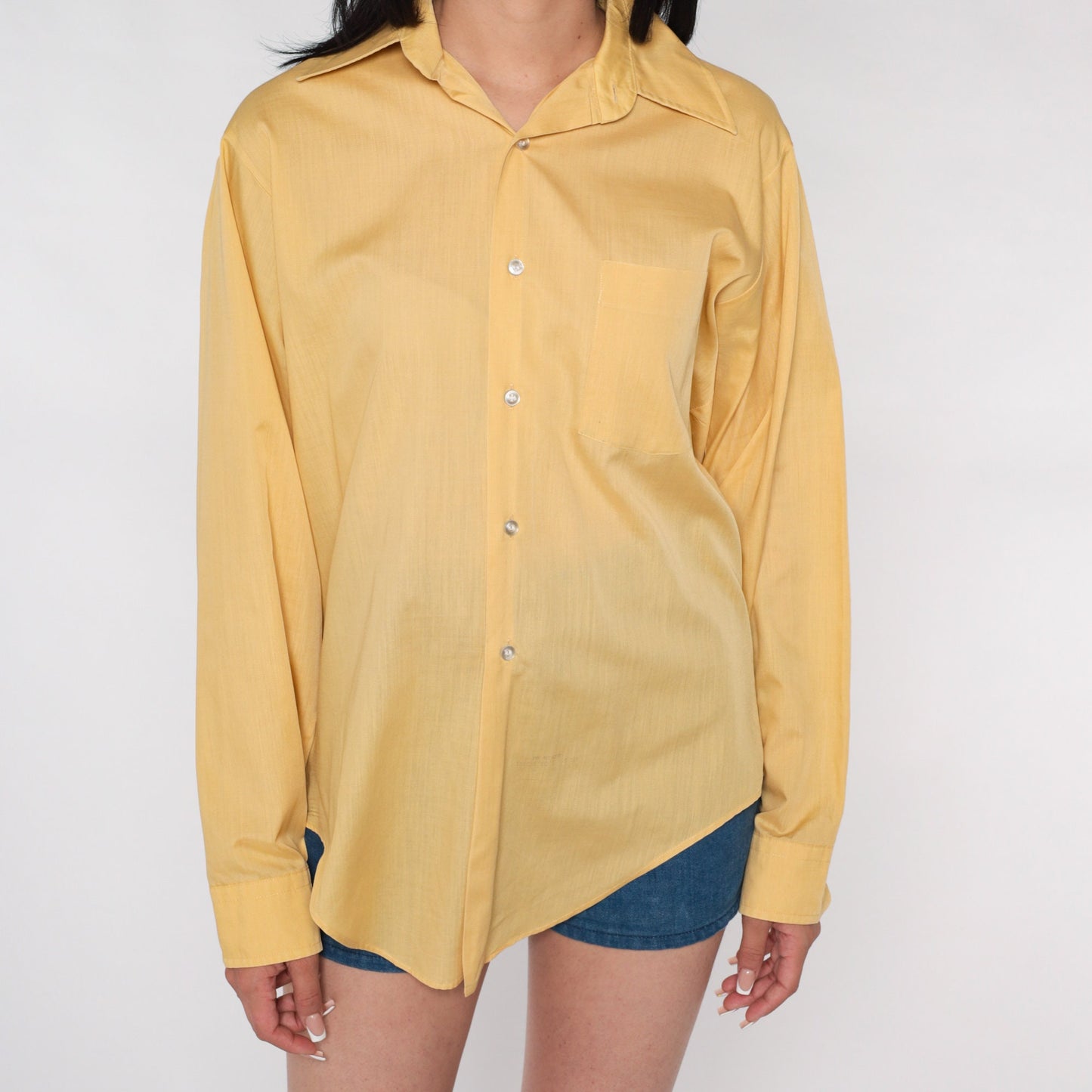 70s Yellow Dagger Collar Button-Up Shirt Long Sleeve Men's Medium