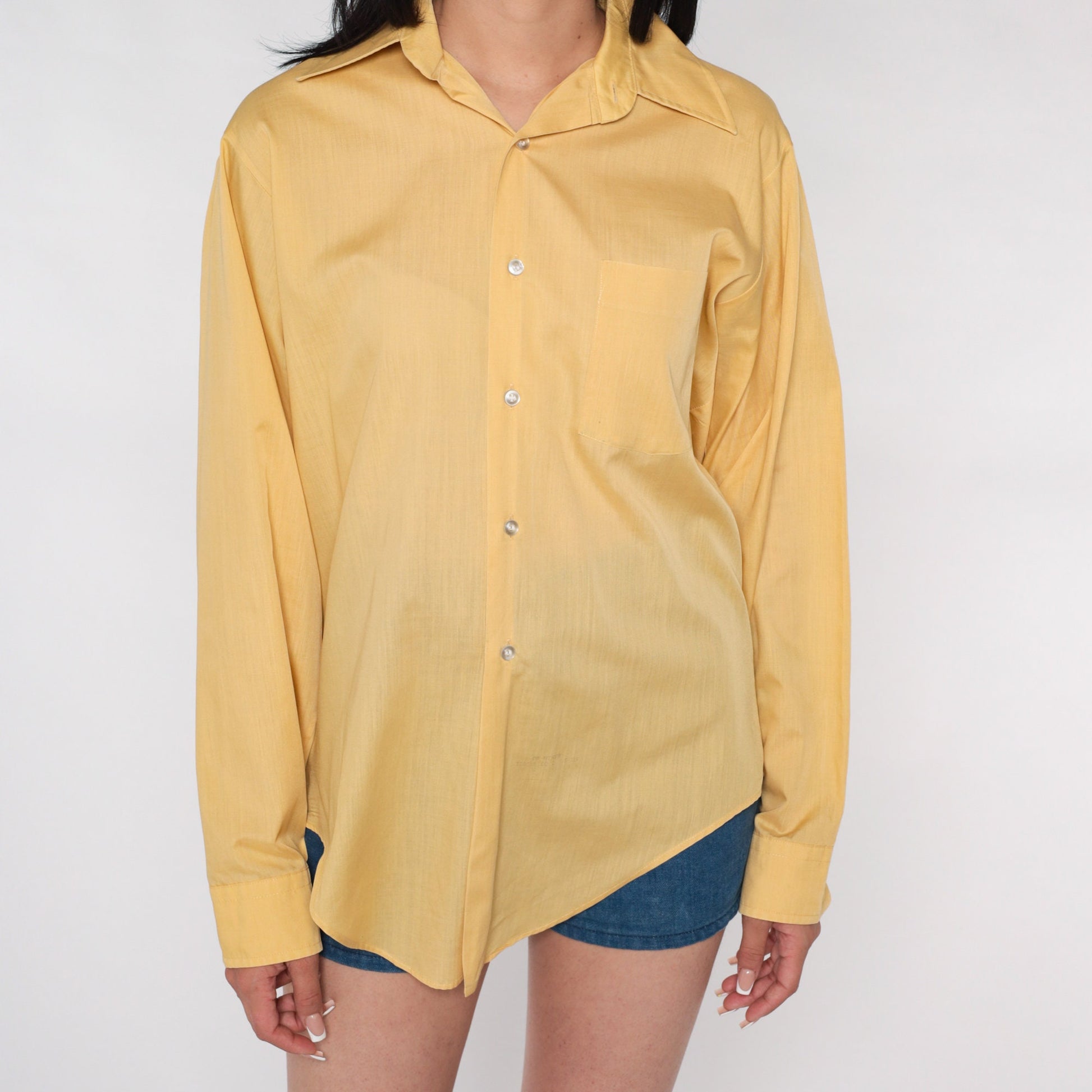 70s Yellow Dagger Collar Button-Up Shirt Long Sleeve Men's Medium