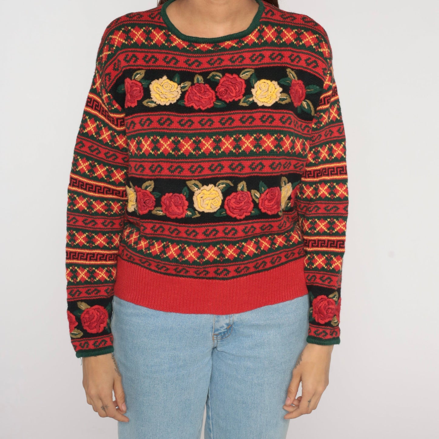 90s Herman Geist Black Red Floral Embroidered Argyle Knit Sweater Large L