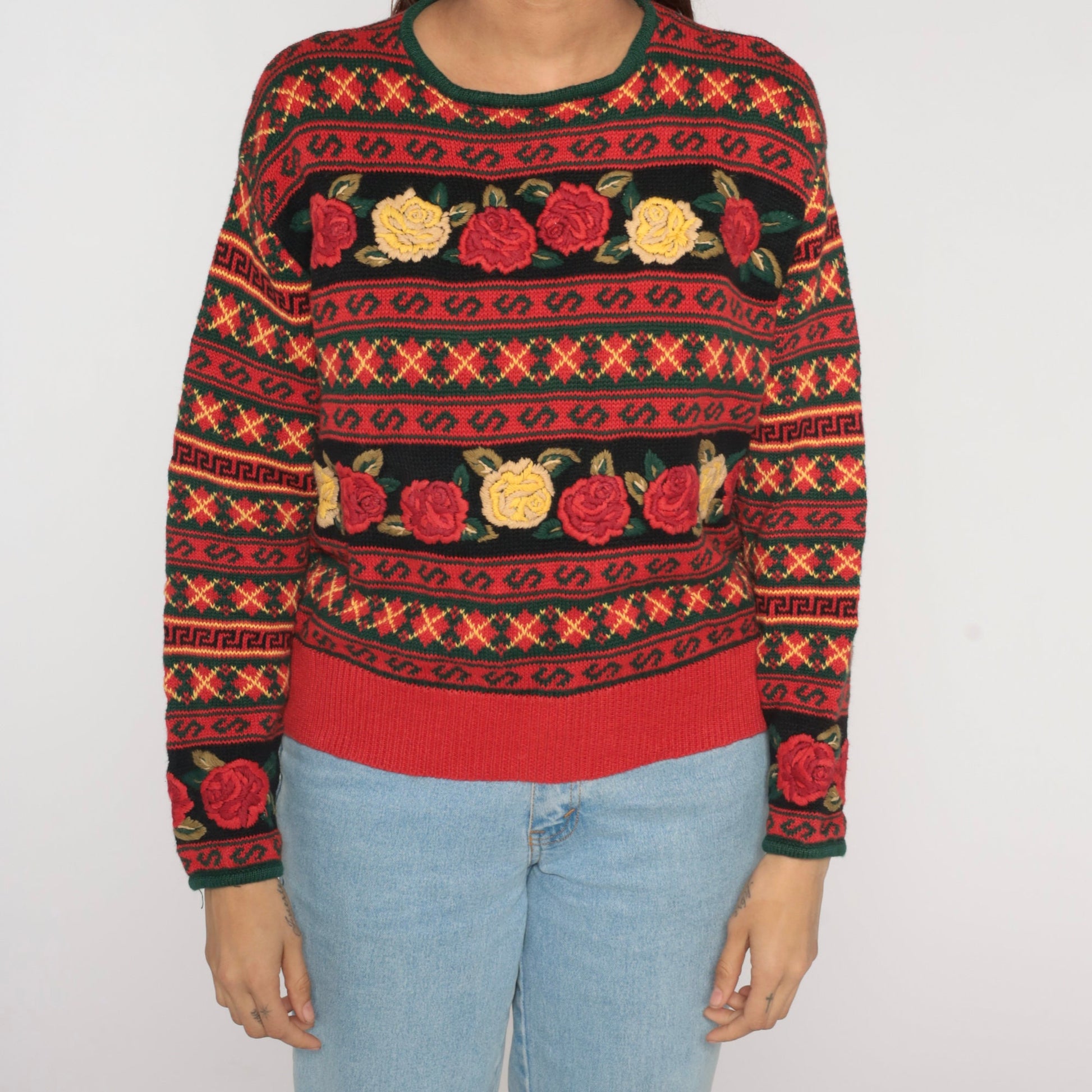 90s Herman Geist Black Red Floral Embroidered Argyle Knit Sweater Large L