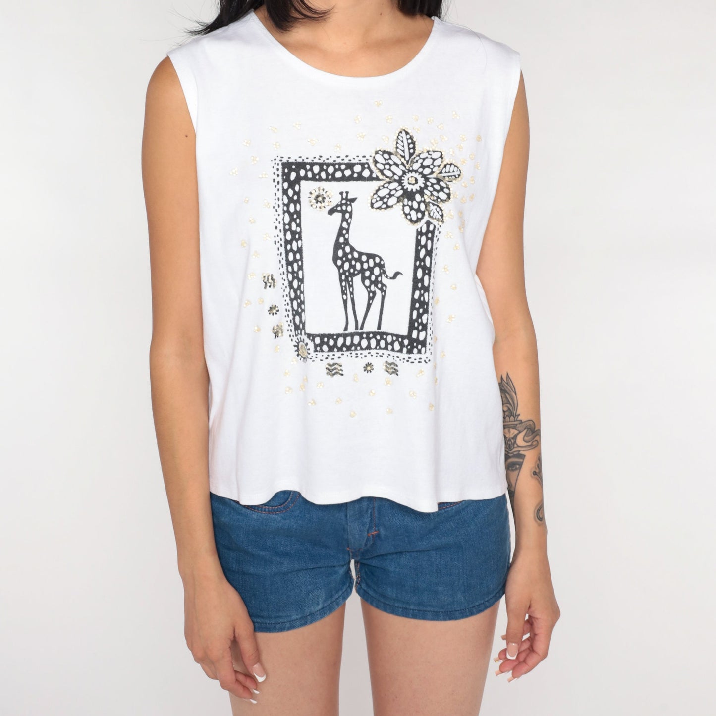 90s Kathy Lee Giraffe Beaded Tank Top Wildlife Graphic White Extra Large