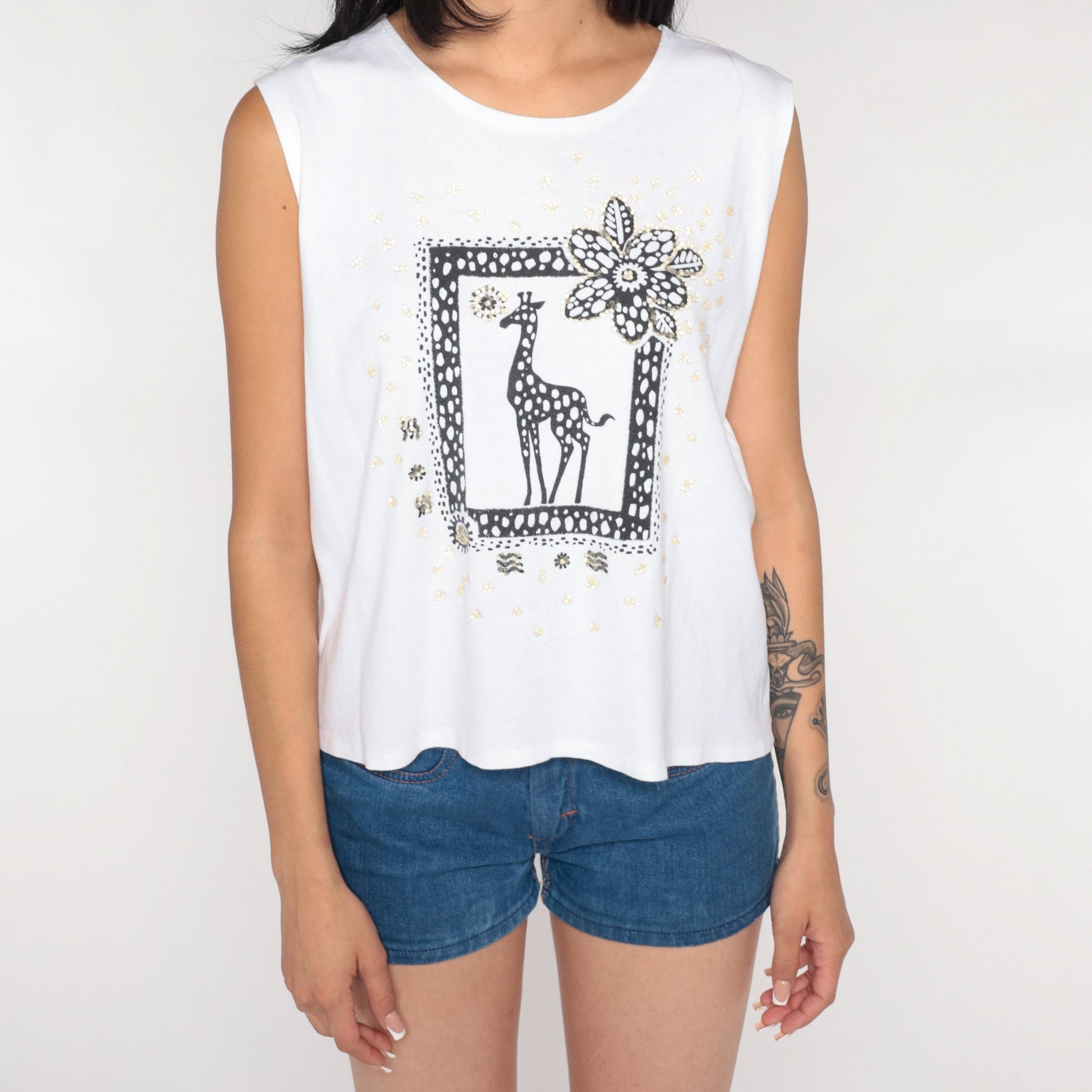 90s Kathy Lee Giraffe Beaded Tank Top Wildlife Graphic White Extra Large