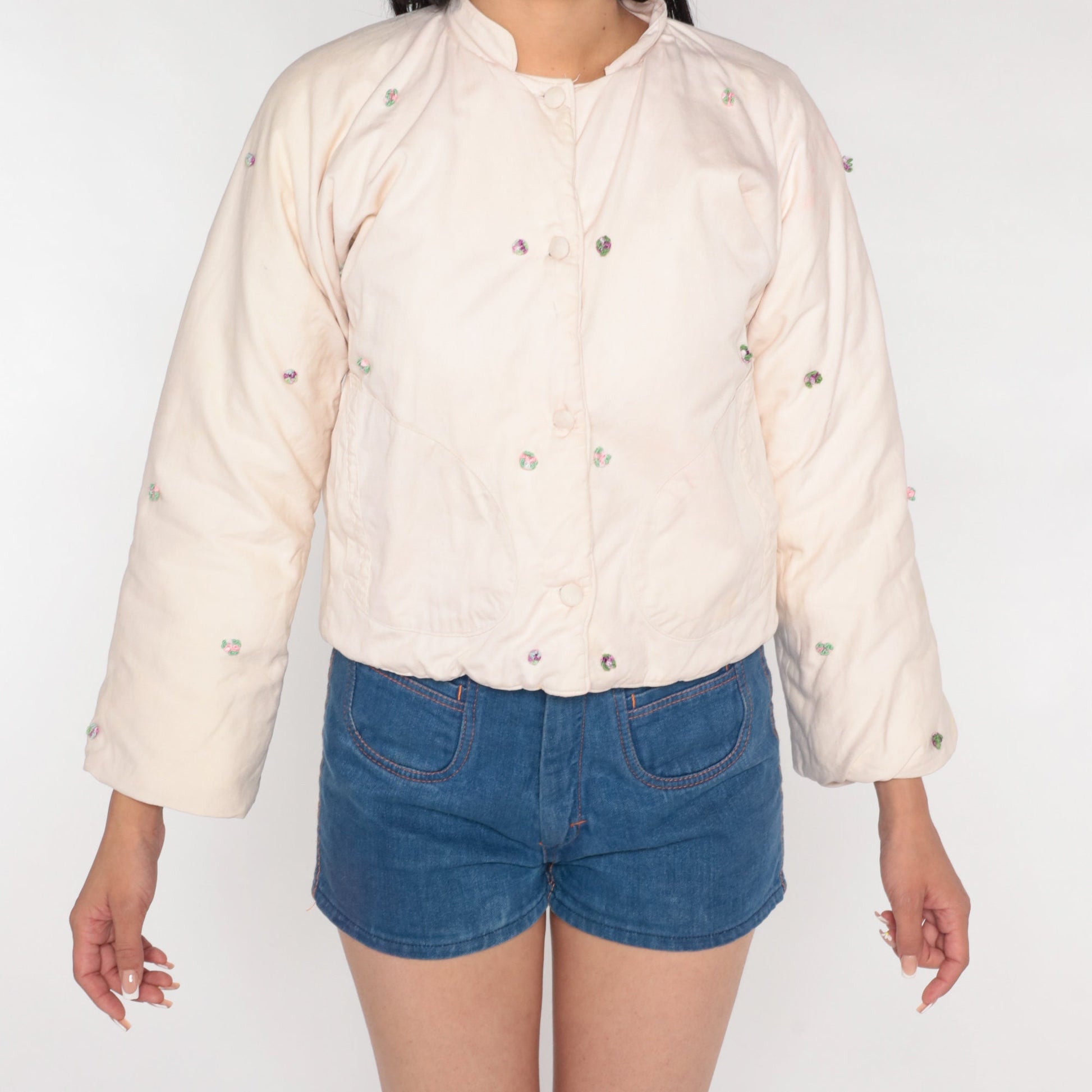 80s Quilted Floral Appliqué Cropped Jacket Off-White Mandarin Collar Extra Small