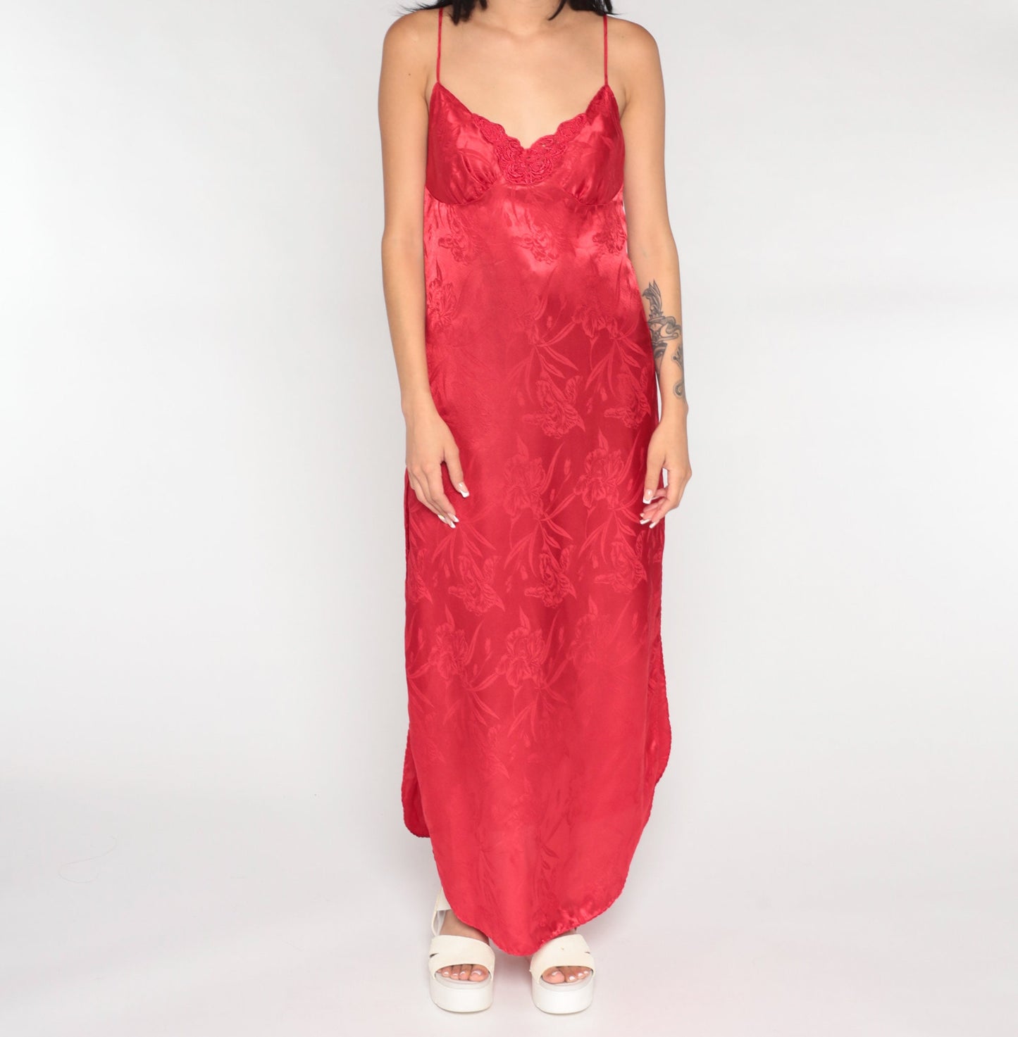 90s Red Satin Nightgown Maxi Slip Dress Embossed Floral Spaghetti Strap Medium