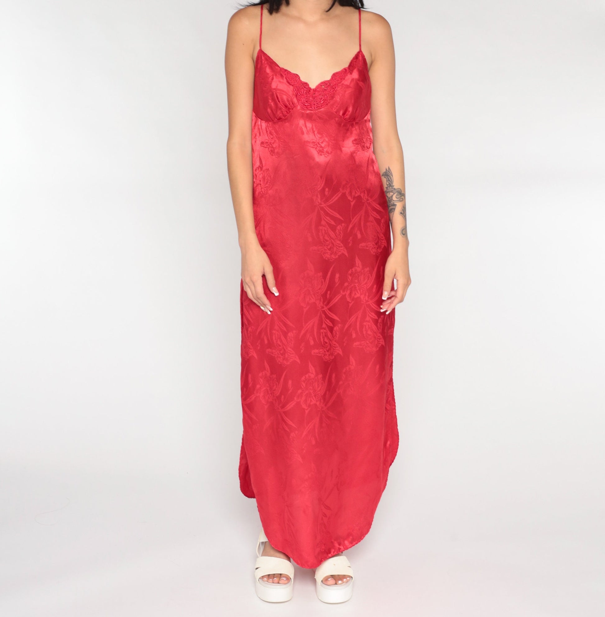 90s Red Satin Nightgown Maxi Slip Dress Embossed Floral Spaghetti Strap Medium