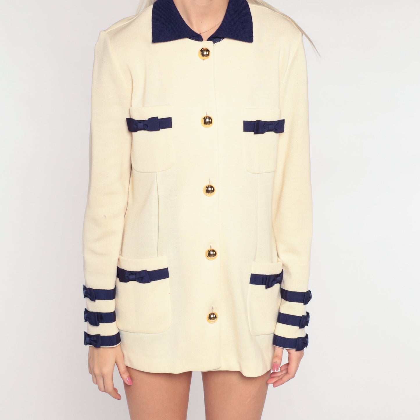 90s Dana Buchman Cream Wool Cardigan Navy Trim Bow Buttons Medium