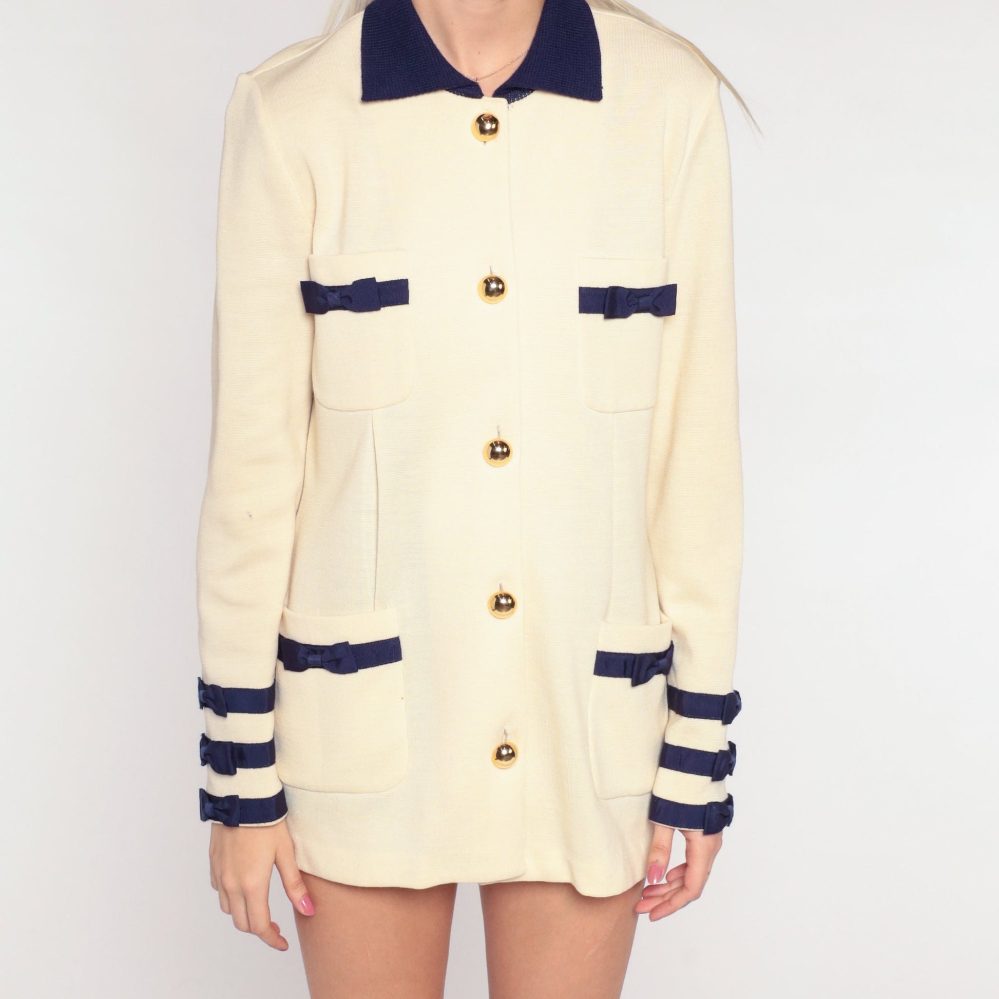90s Dana Buchman Cream Wool Cardigan Navy Trim Bow Buttons Medium