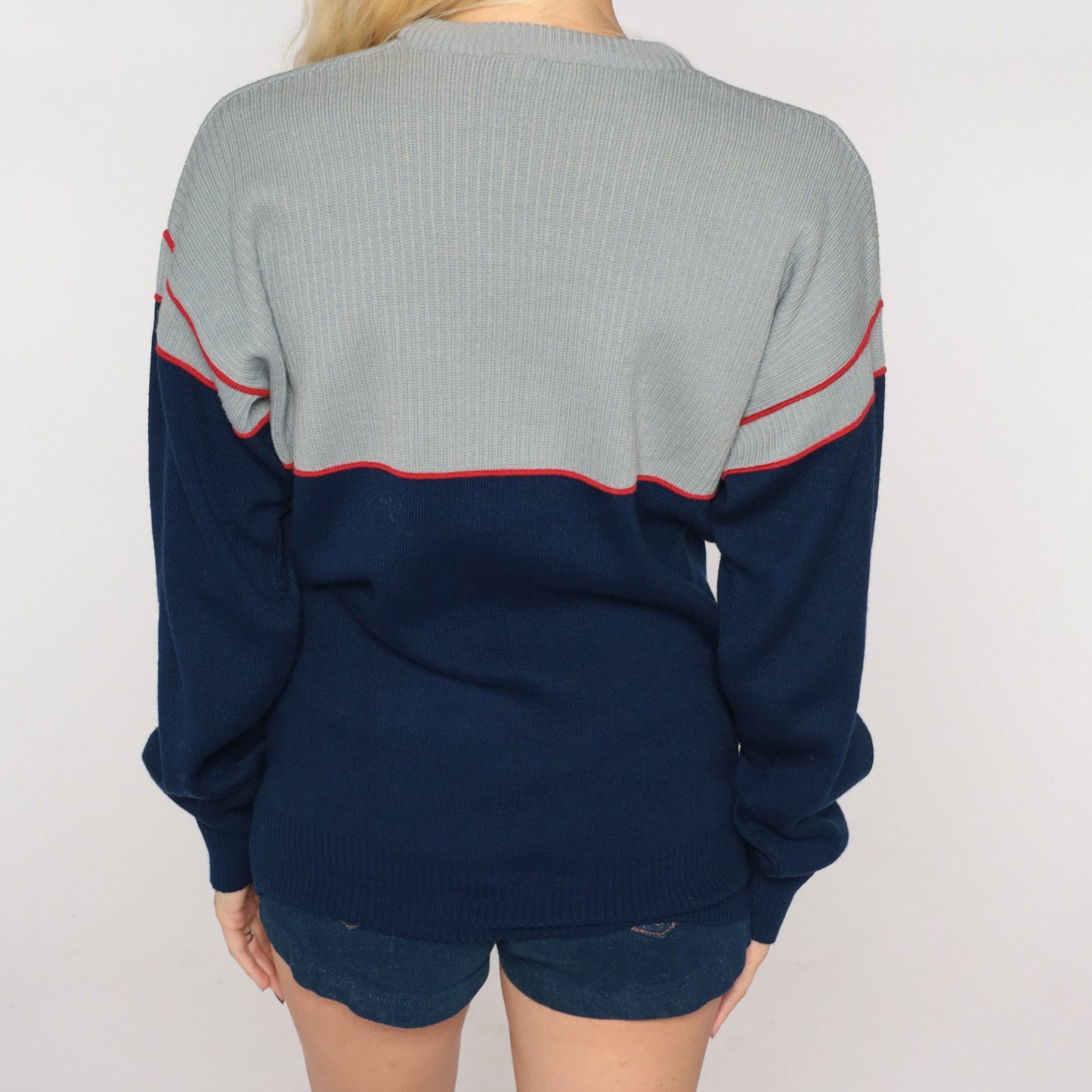 80s Ossi Skiwear Colour Block Wool Blend Sweater Grey Navy Medium