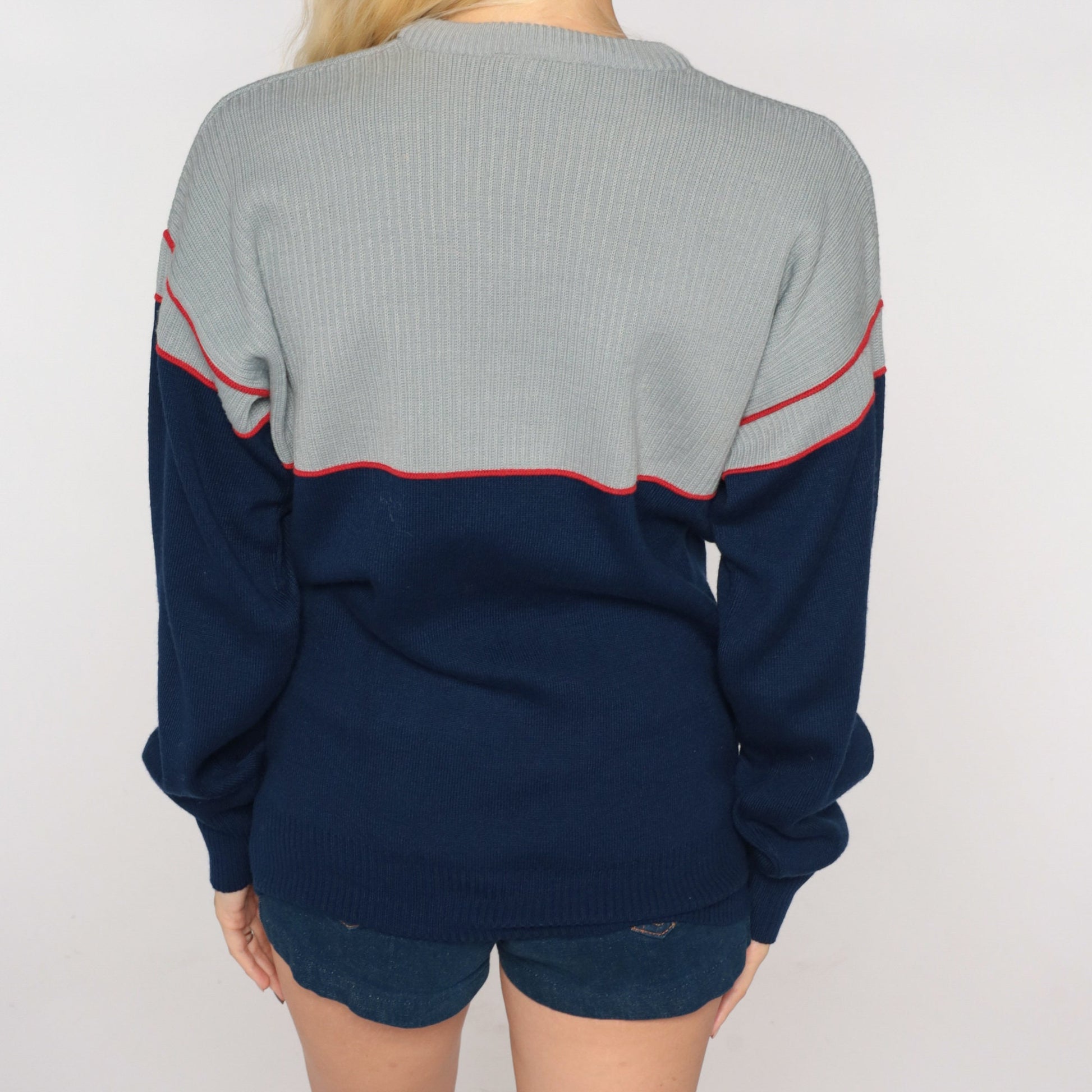 80s Ossi Skiwear Colour Block Wool Blend Sweater Grey Navy Medium